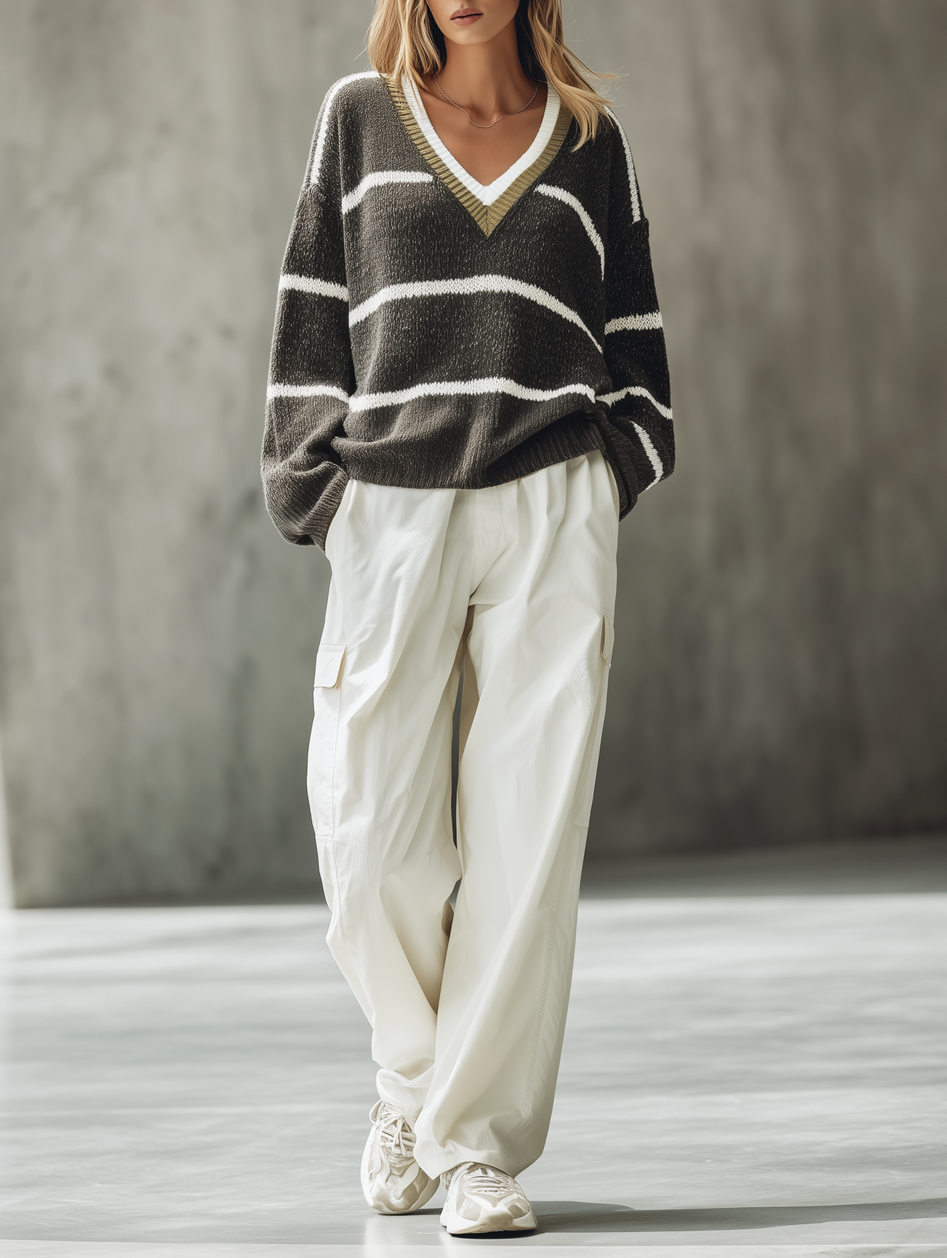 Loose V-neck Sweater And White Utility Pants Set