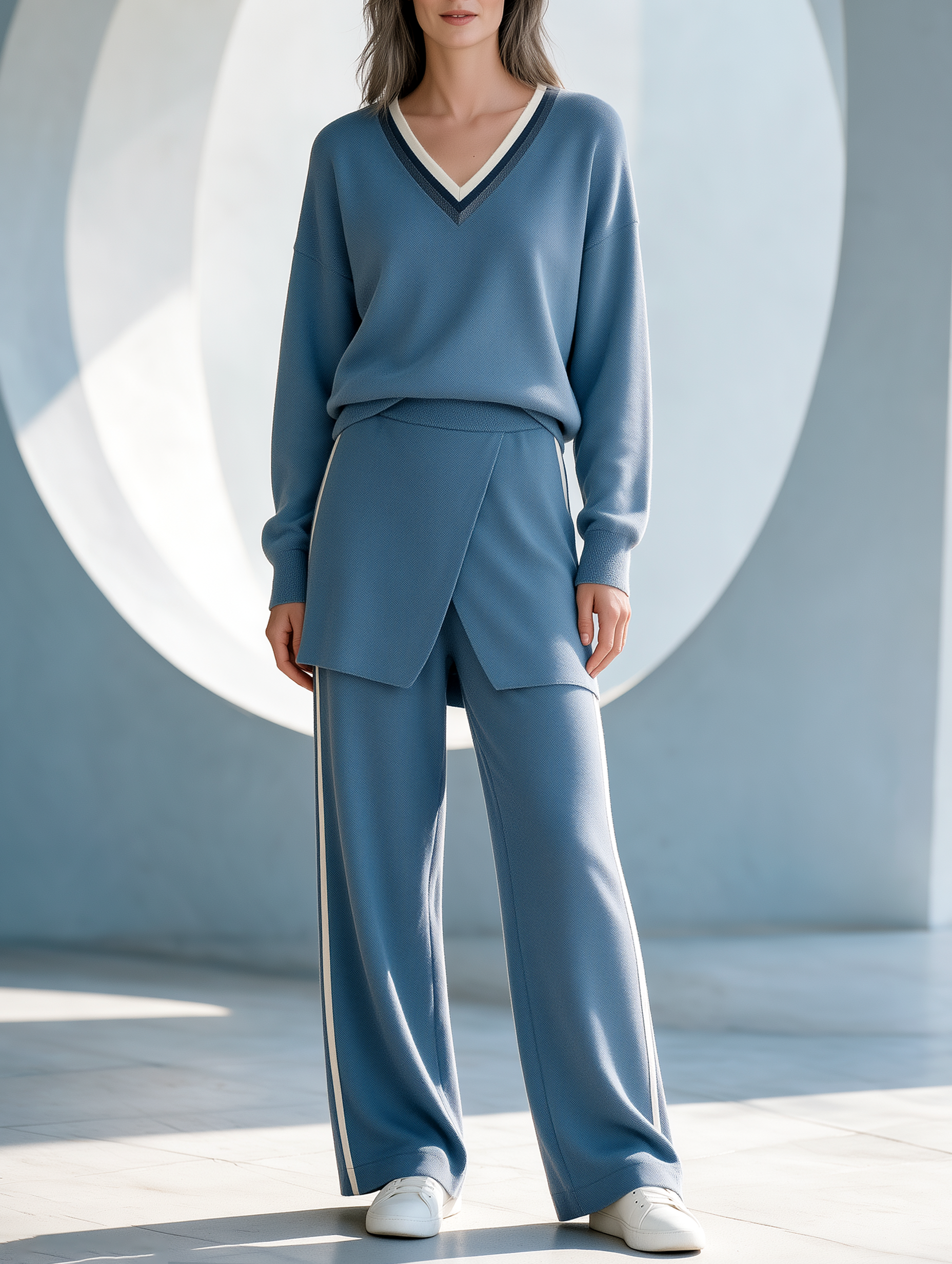 Dark Blue V-neck Knit Top And Wide-leg Trousers Set (faux-layered Style)
