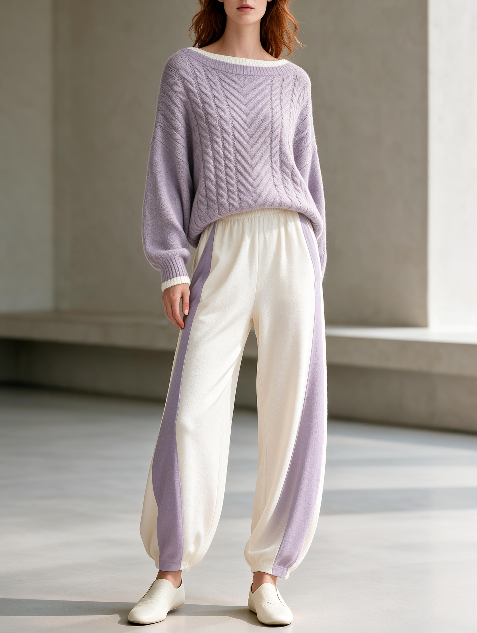Purple Cable-knit Sweater And Off-white Cuffed Trousers Set