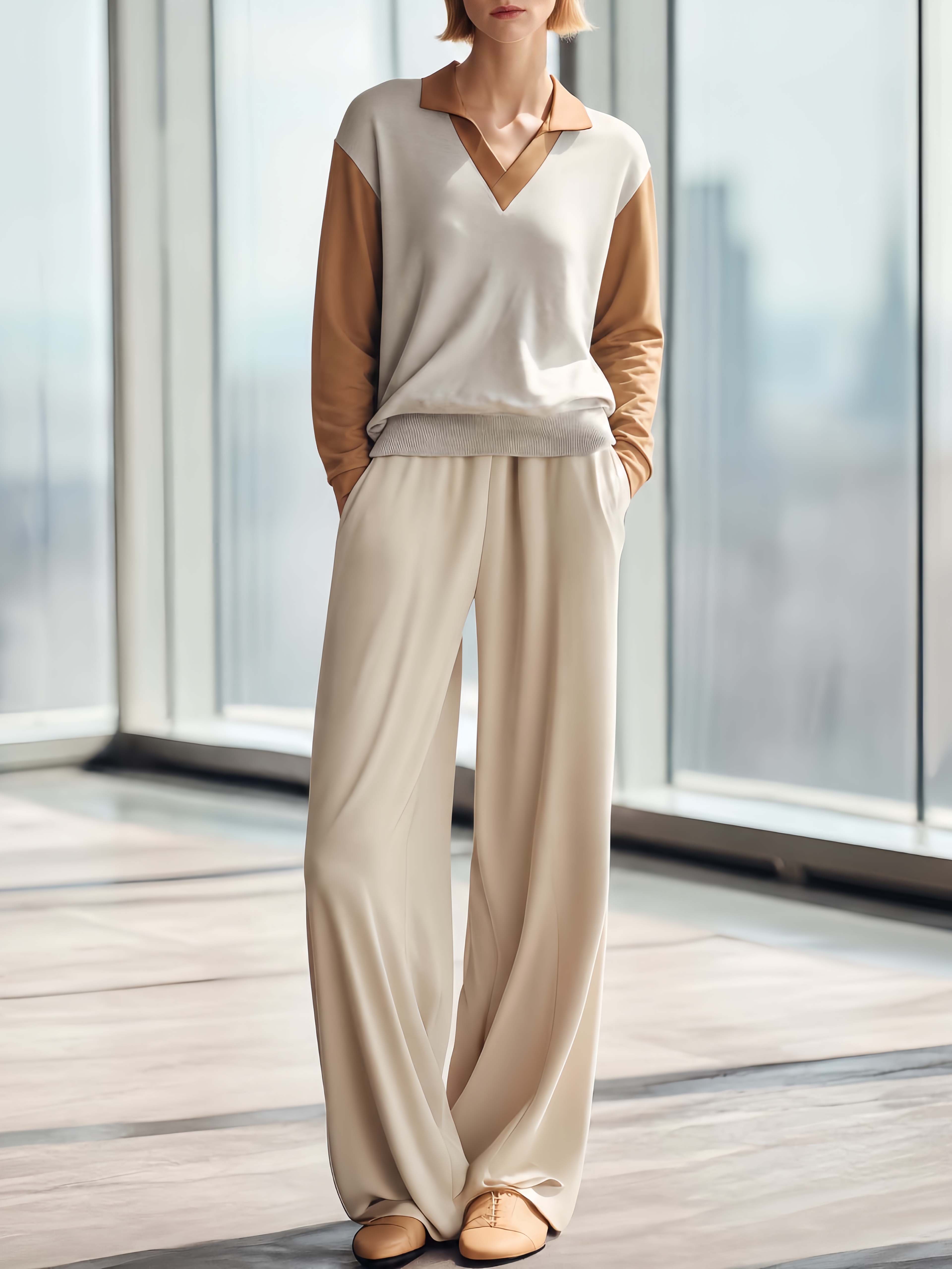 Casual Minimalist V-neck Long-sleeve Top And Trousers Set In A Grey And Khaki Color-block Design