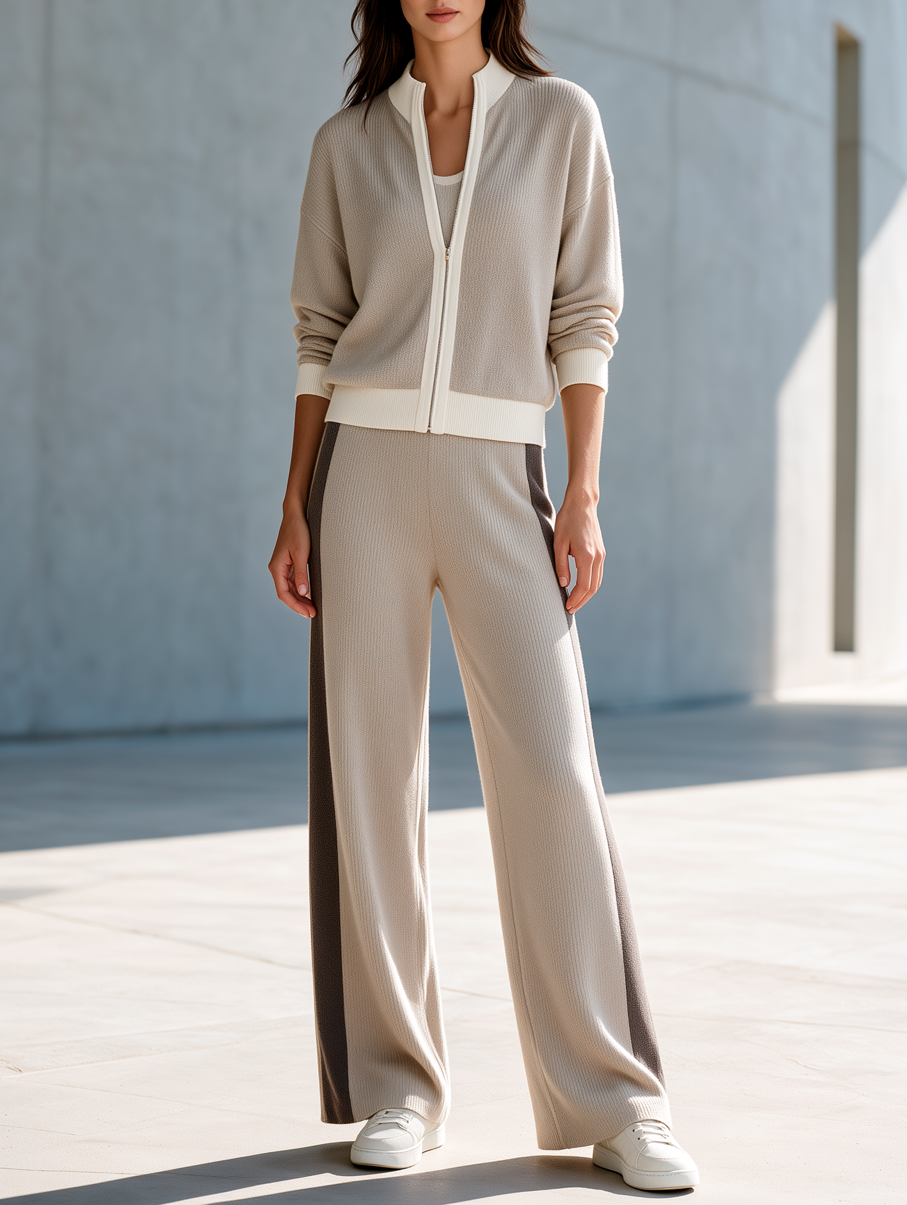 Oatmeal-colored Knit Cardigan And Color-block Wide-leg Trouser Set