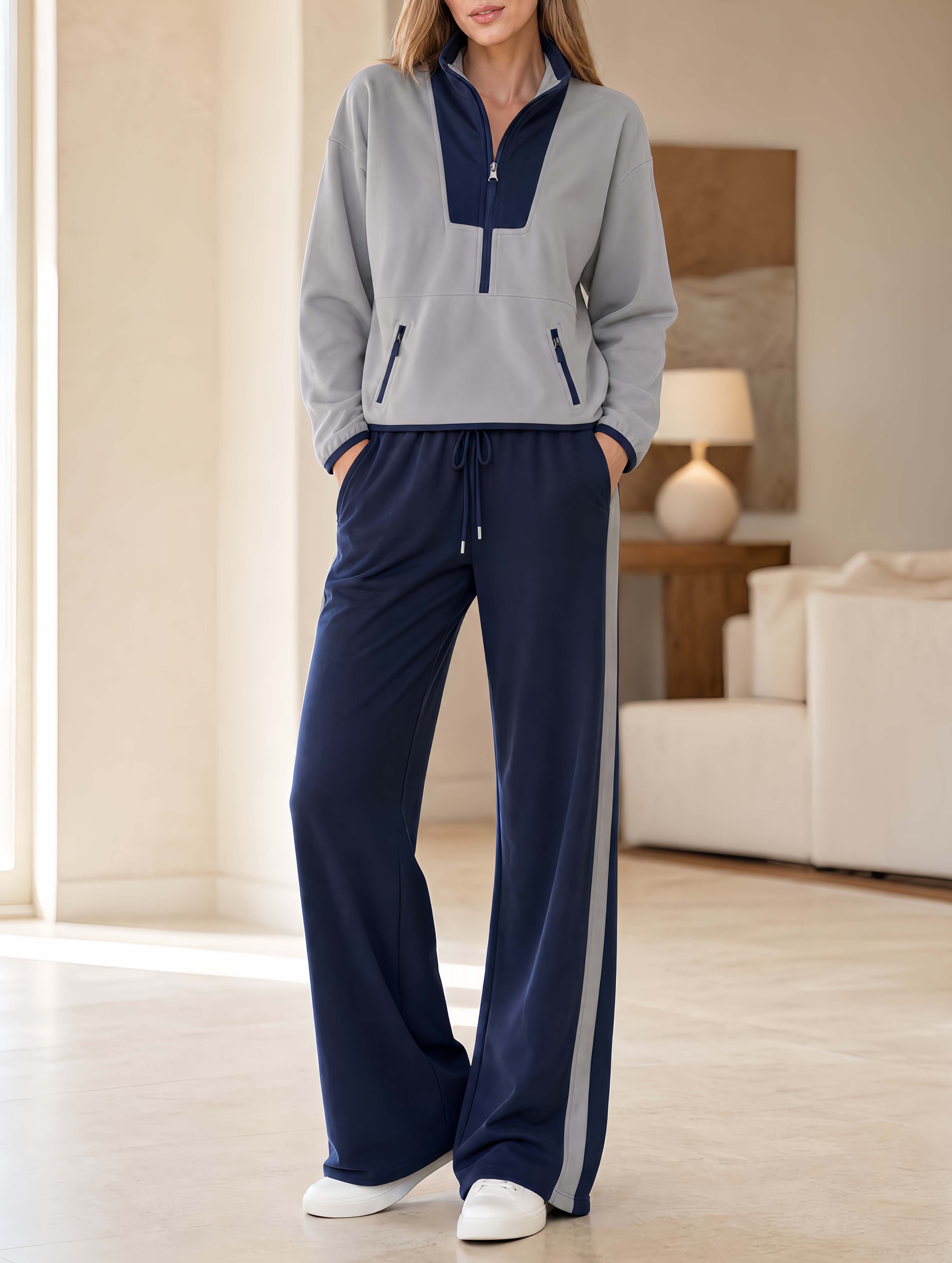 Stylish Grey And Navy Color-Block Casual Set: Long-Sleeve Zip-Collar Top And Trousers