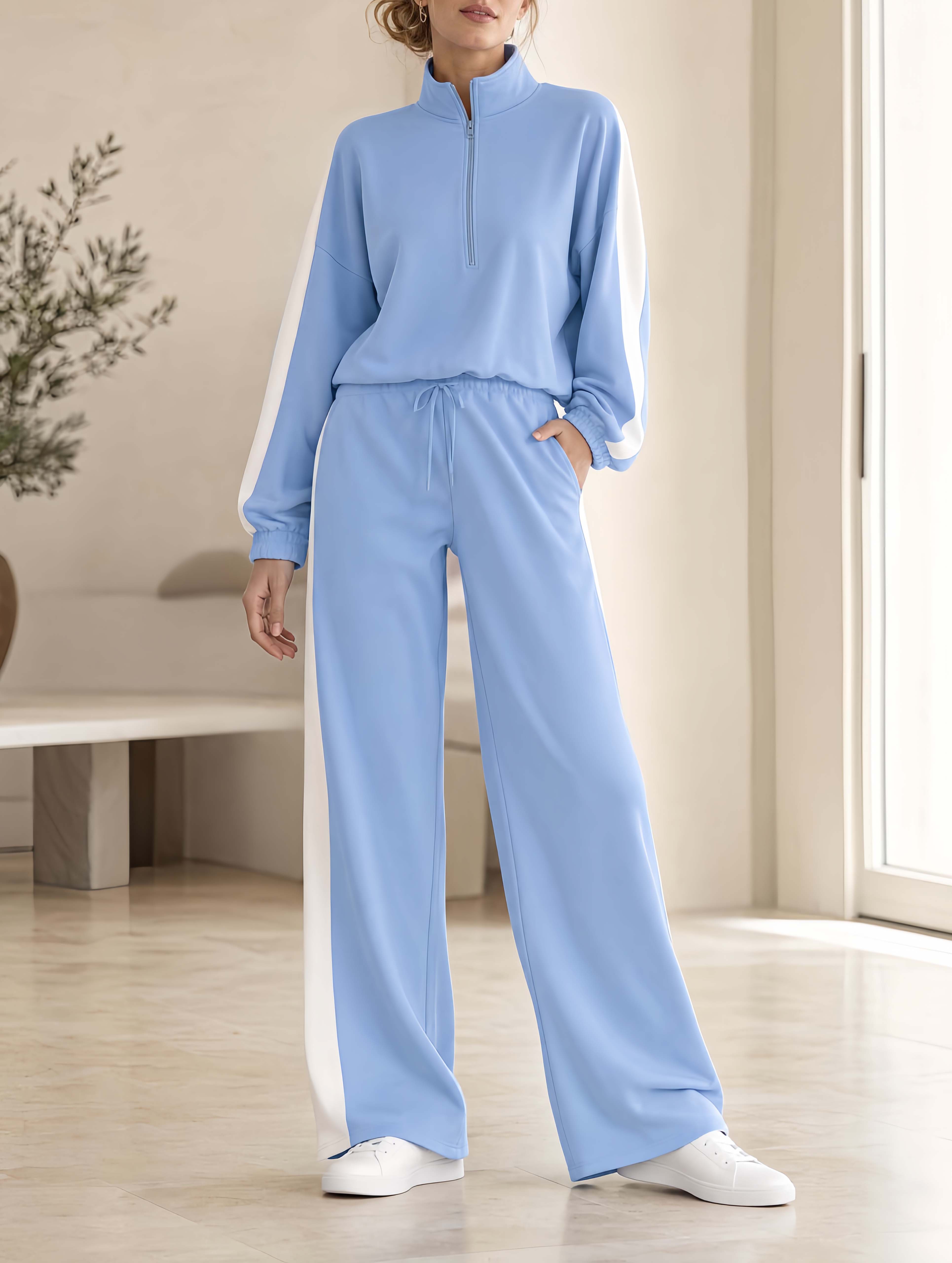 Stylish Blue Color-Block Half-Zip Top And Pants Set – Casual Sporty Style