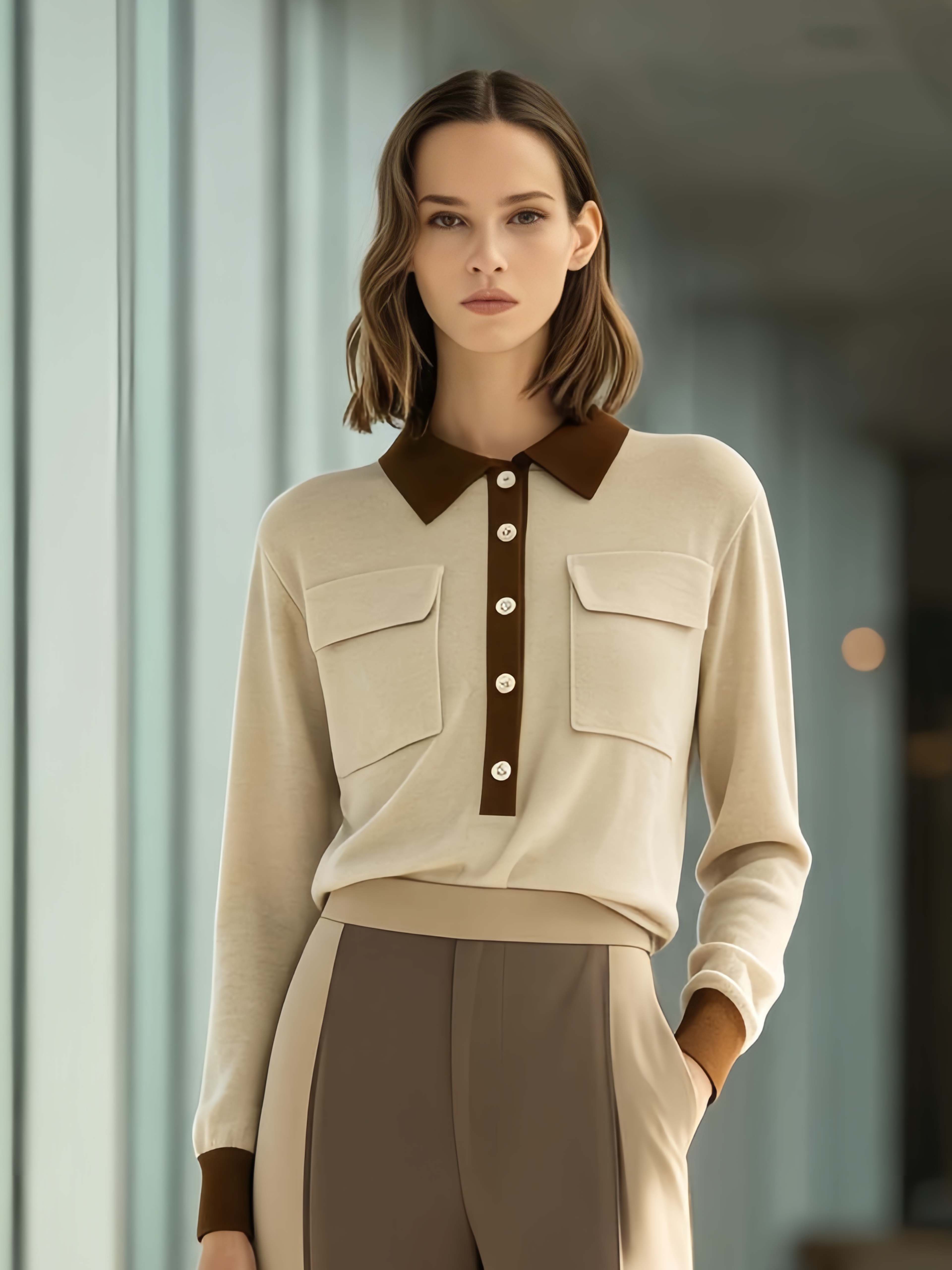 Chic Commuter-style Khaki Color-block Long-sleeve Collared Top