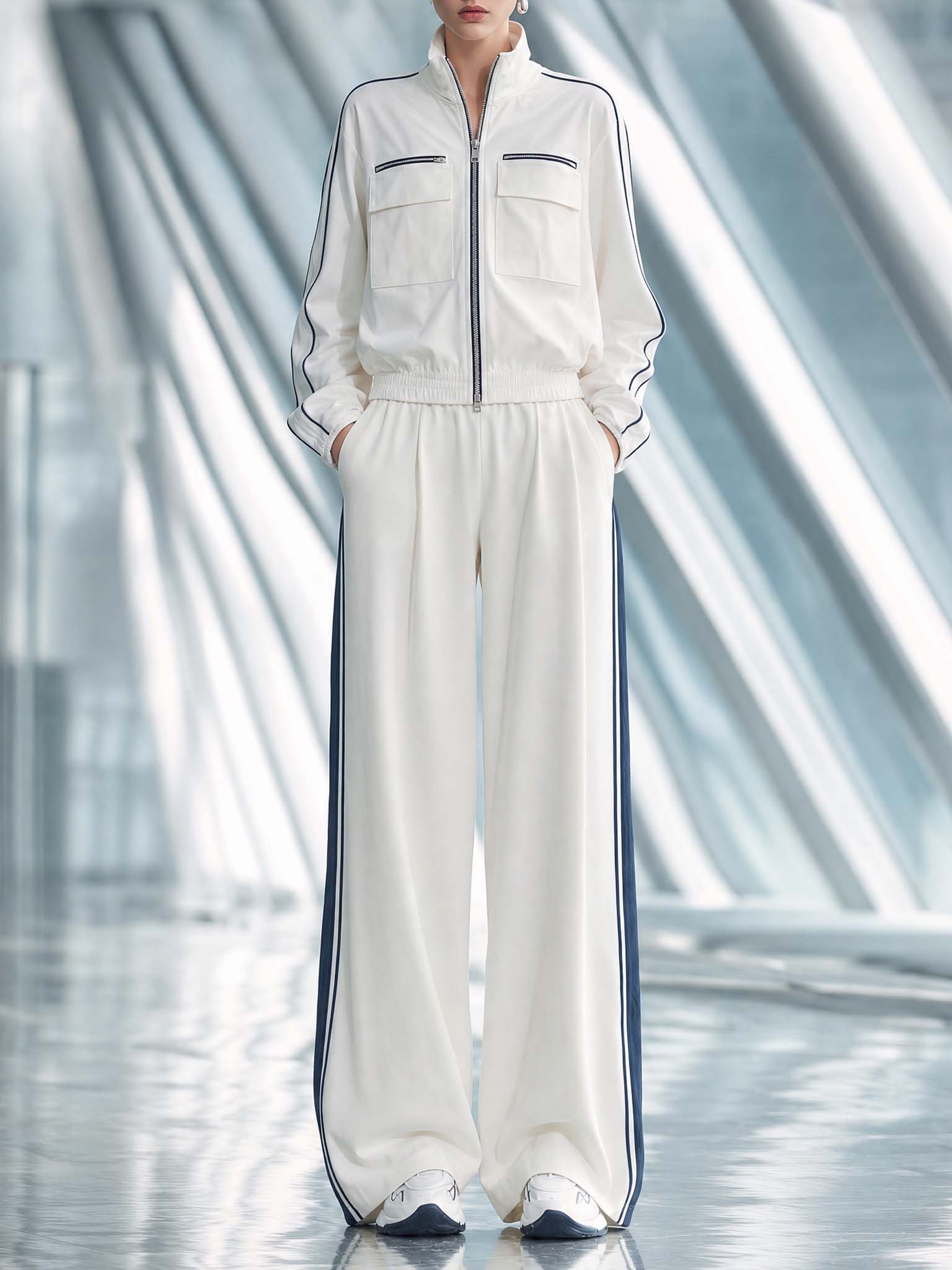 Stylish White Jacket And Color-block Trousers Set For The Modern Commuter