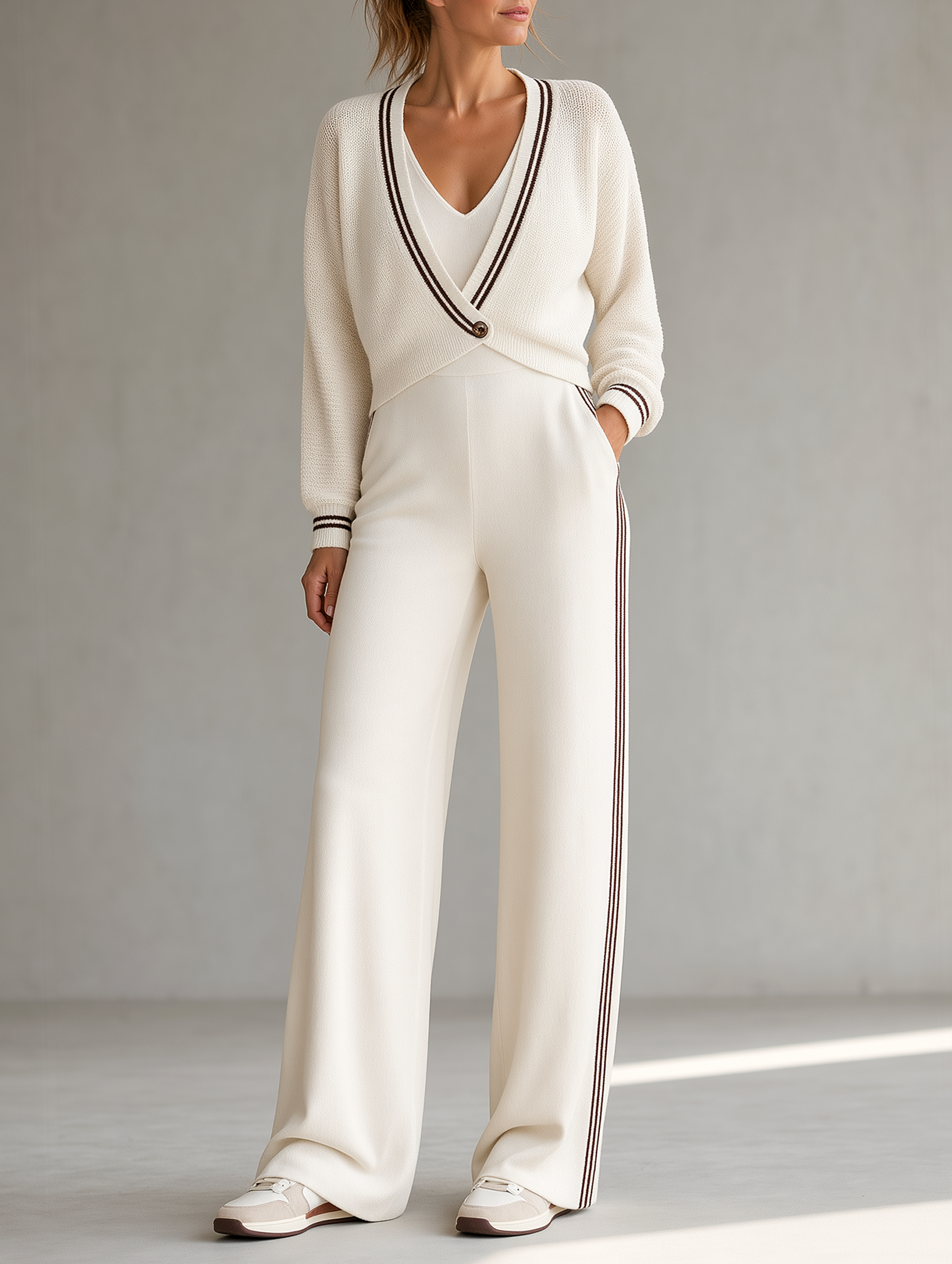 Women's V-Neck Striped Trim Knit Cardigan & Wide Leg Pants Set