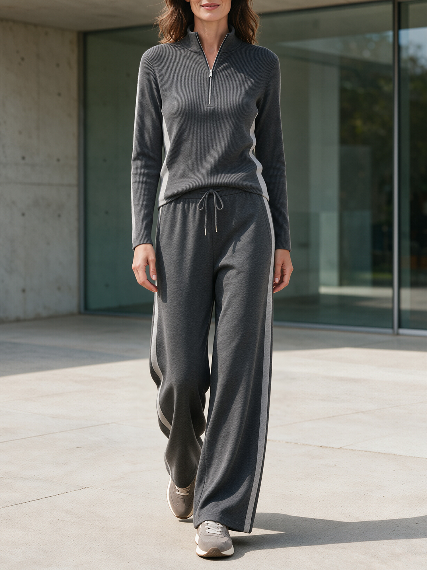 Dark Grey Half-zip Knit Top And Side-stripe Wide-leg Trousers Set