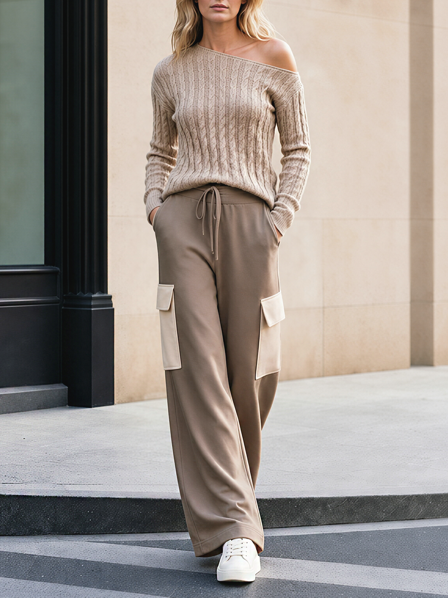 Oatmeal Off-the-shoulder Cable-knit Sweater And Color-block Wide-leg Utility Trousers Set