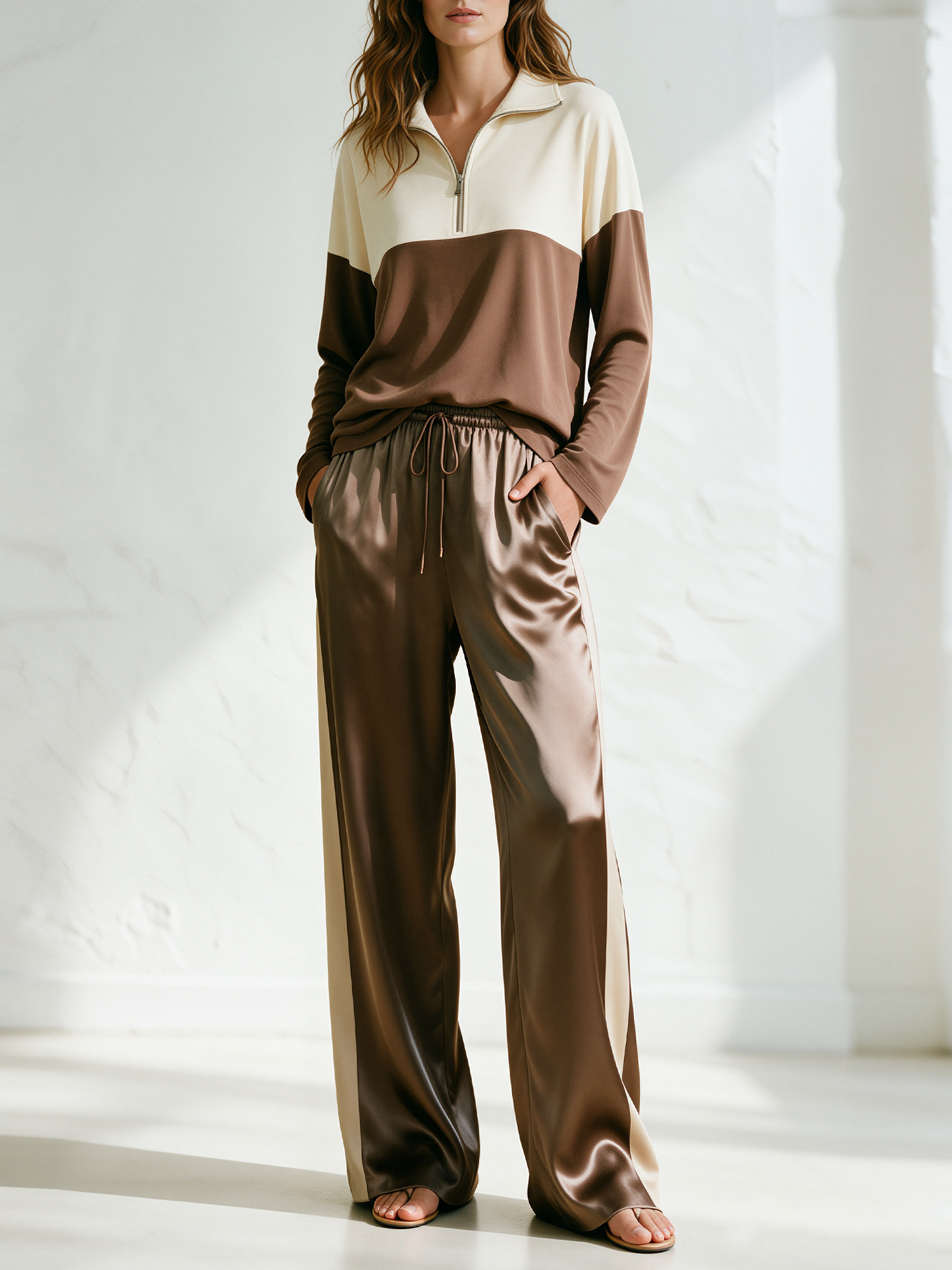 Brown Color-block Half-zip Top And Elastic-waist Satin Wide-leg Pants Set