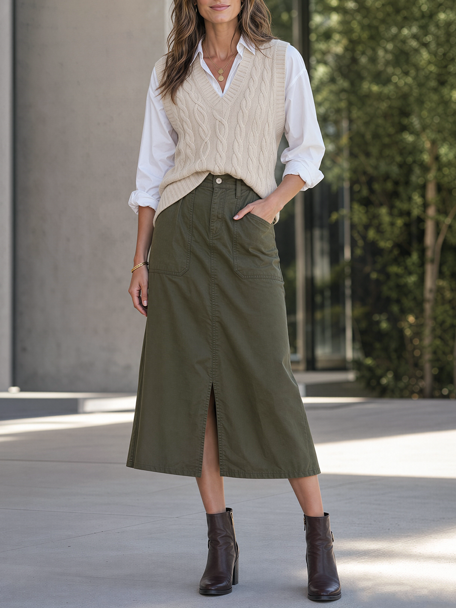 Beige Cable Knit Vest And Army Green Front‑Slit Midi Skirt Outfit