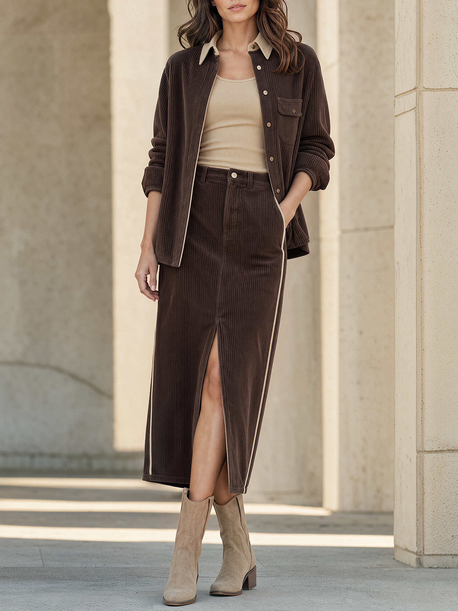 Brown Contrast Collar Corduroy Shirt And Front‑Slit Midi Skirt Set