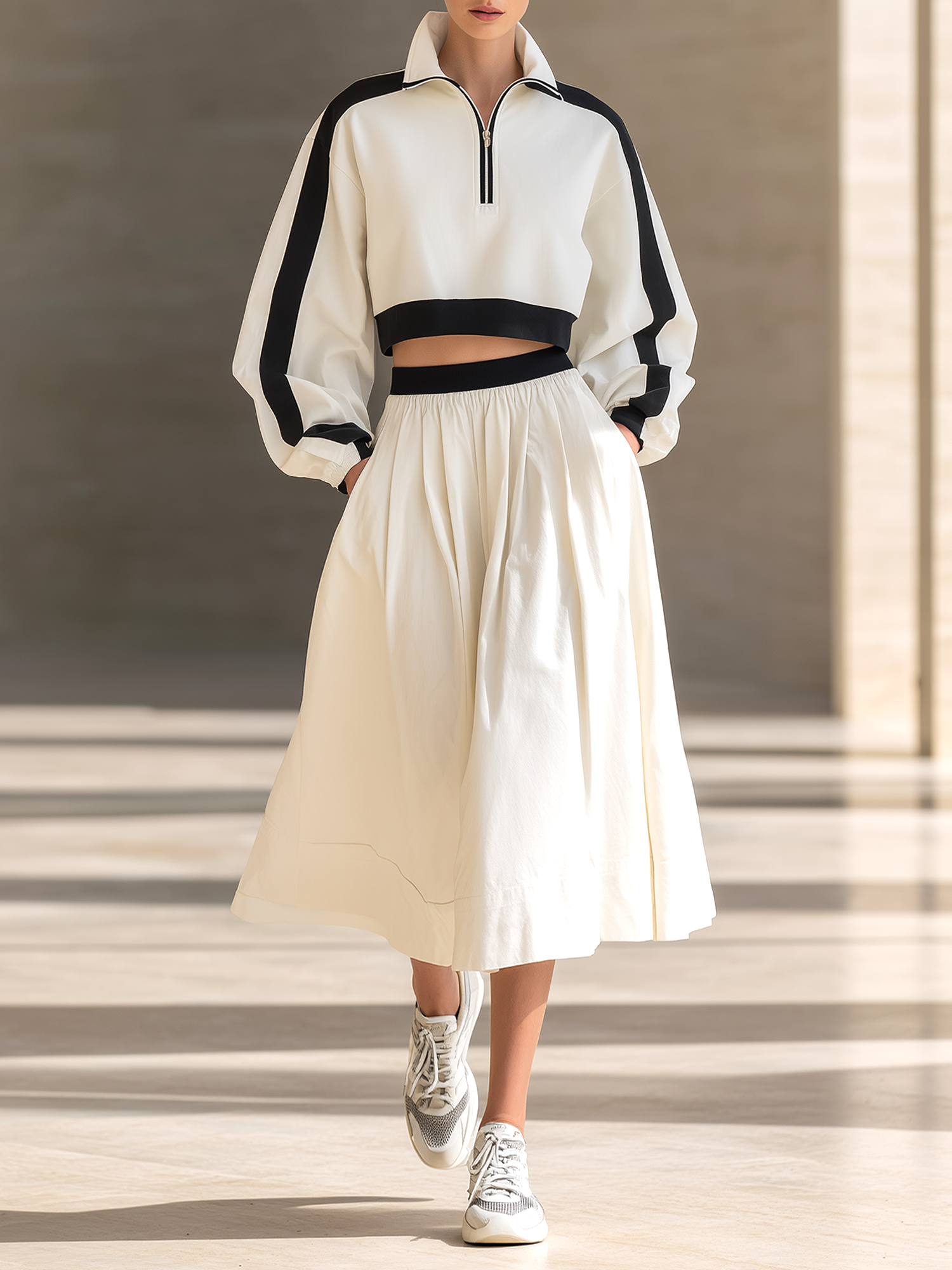 White Black‑Trim Half‑Zip Cropped Top And Elastic Waist Midi Skirt Set