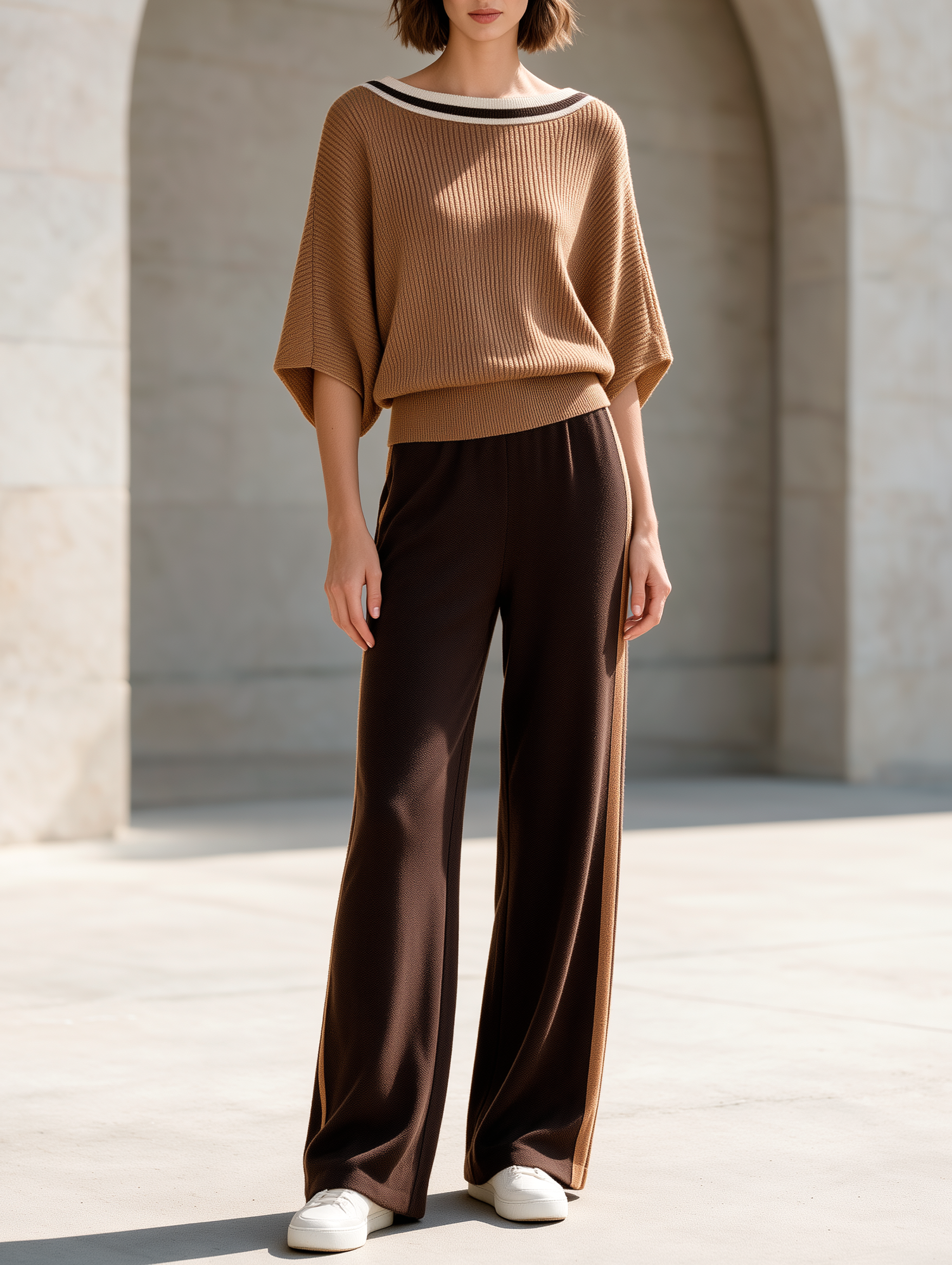 Batwing Sleeve Ribbed Knit Sweater & Wide Leg Pants Set