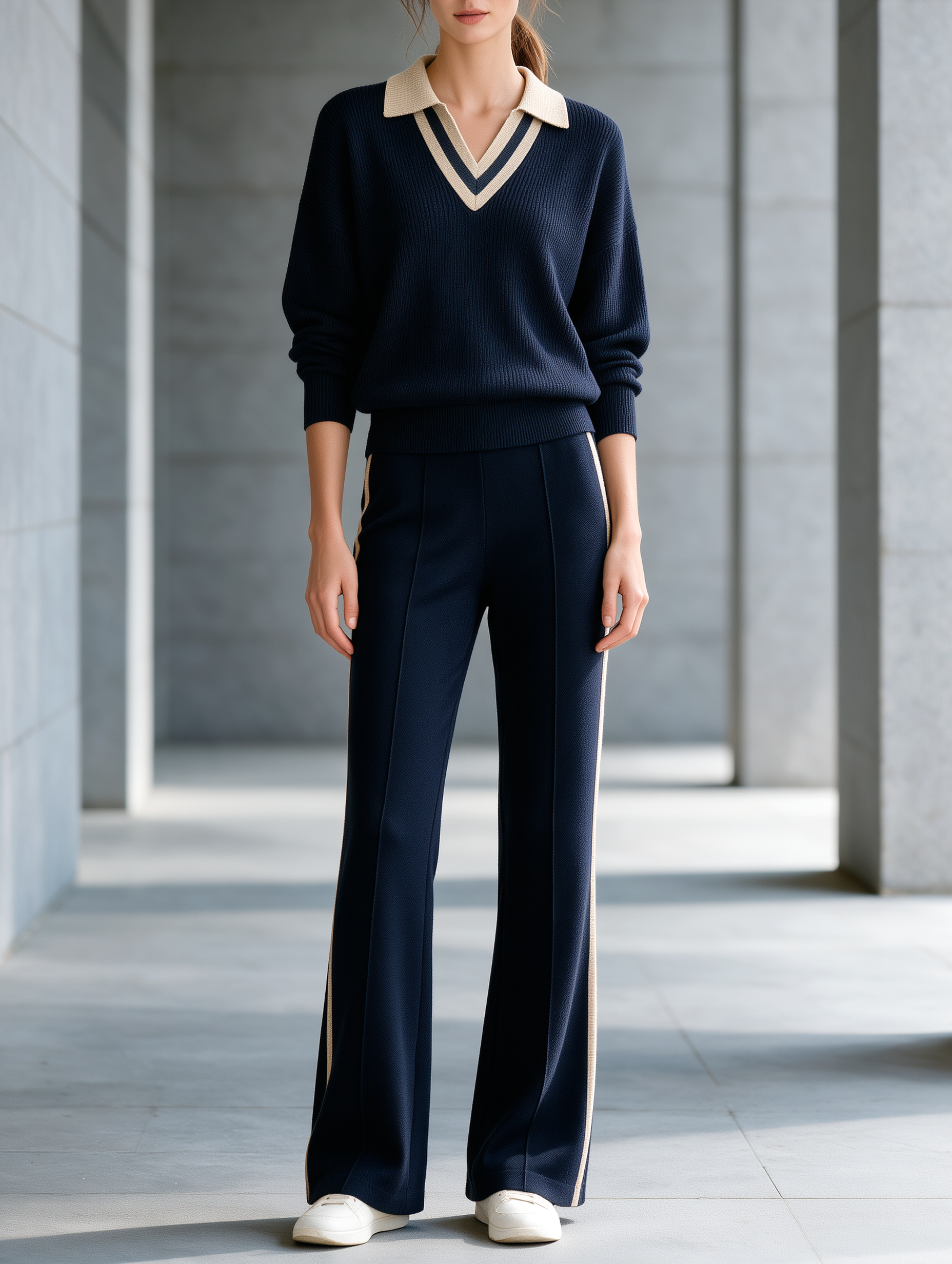 Women's Navy Knit Polo Sweater & Side-Stripe Wide Leg Pants Set