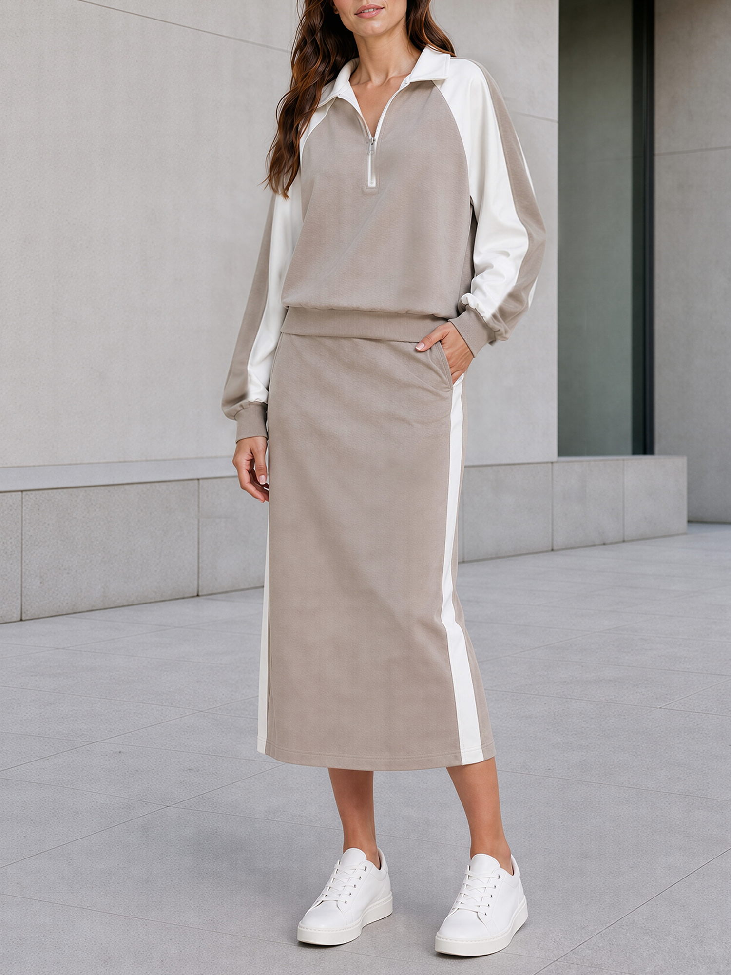 Khaki Color-block Half-zip Sweatshirt And Side-striped Midi Skirt Set