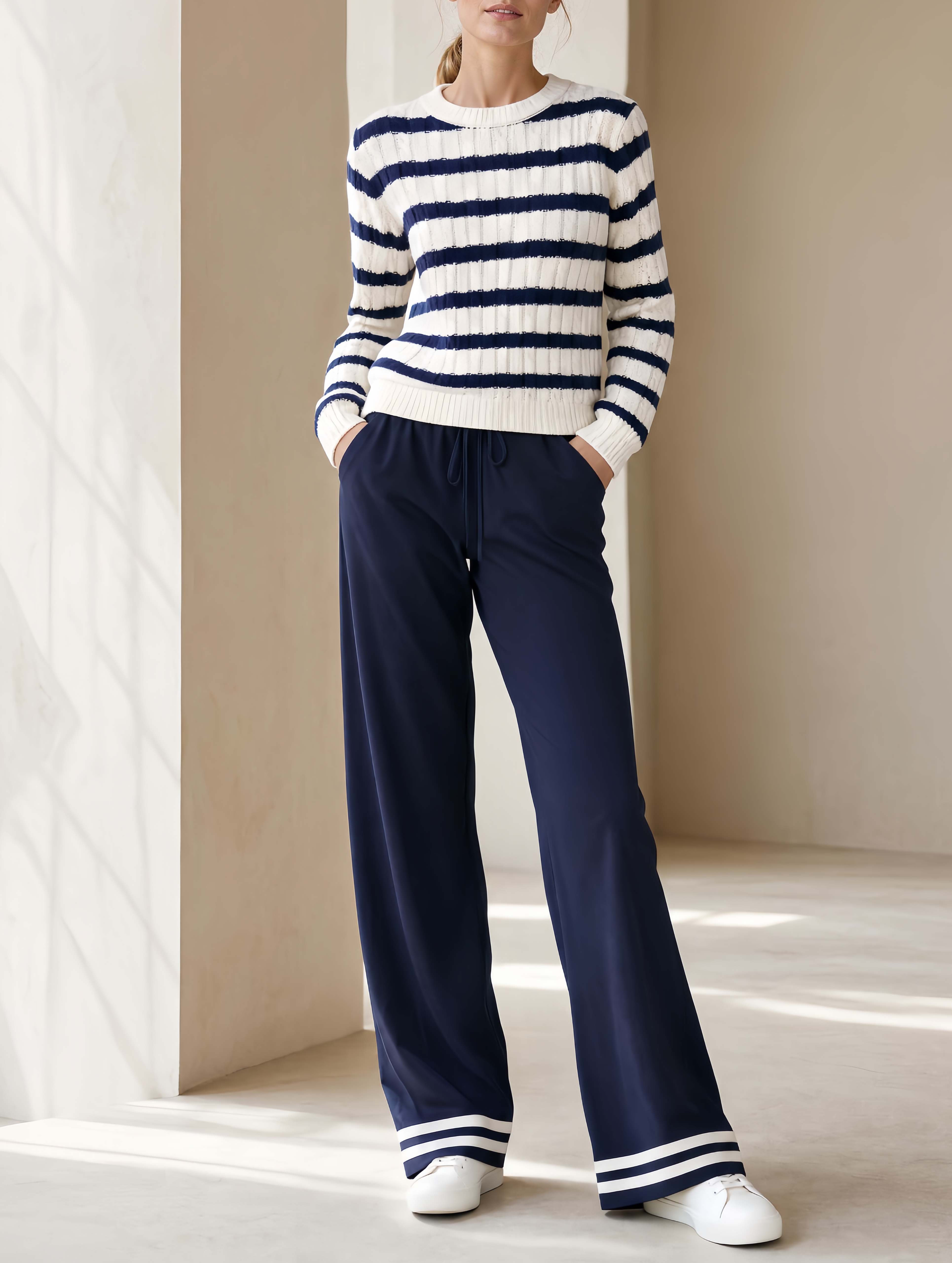 Chic Commuter-Style Navy Striped Color-Block Sweater And Trousers Set