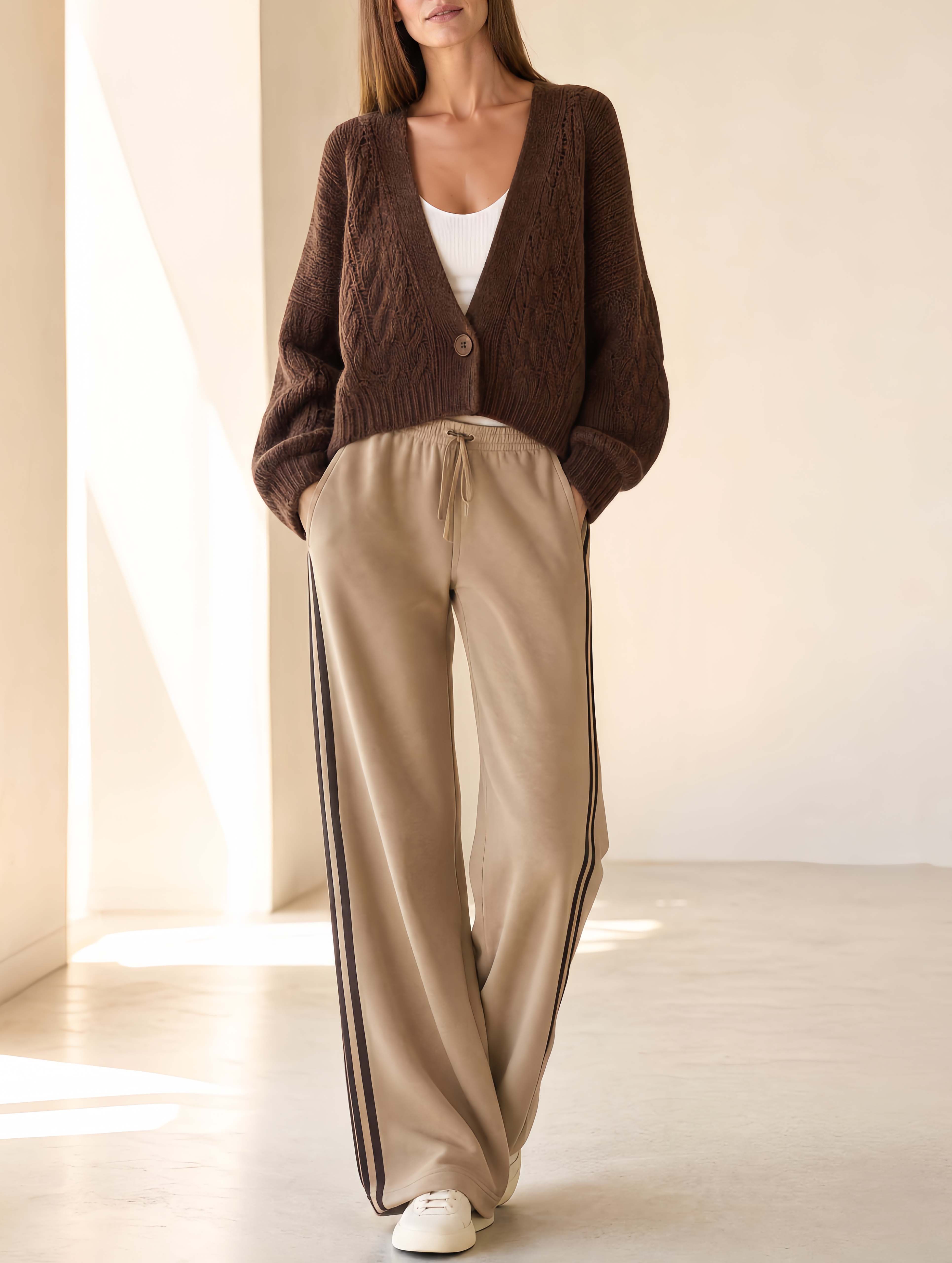 Stylish Casual Brown V-Neck Long-Sleeve Sweater And Khaki Trousers Set