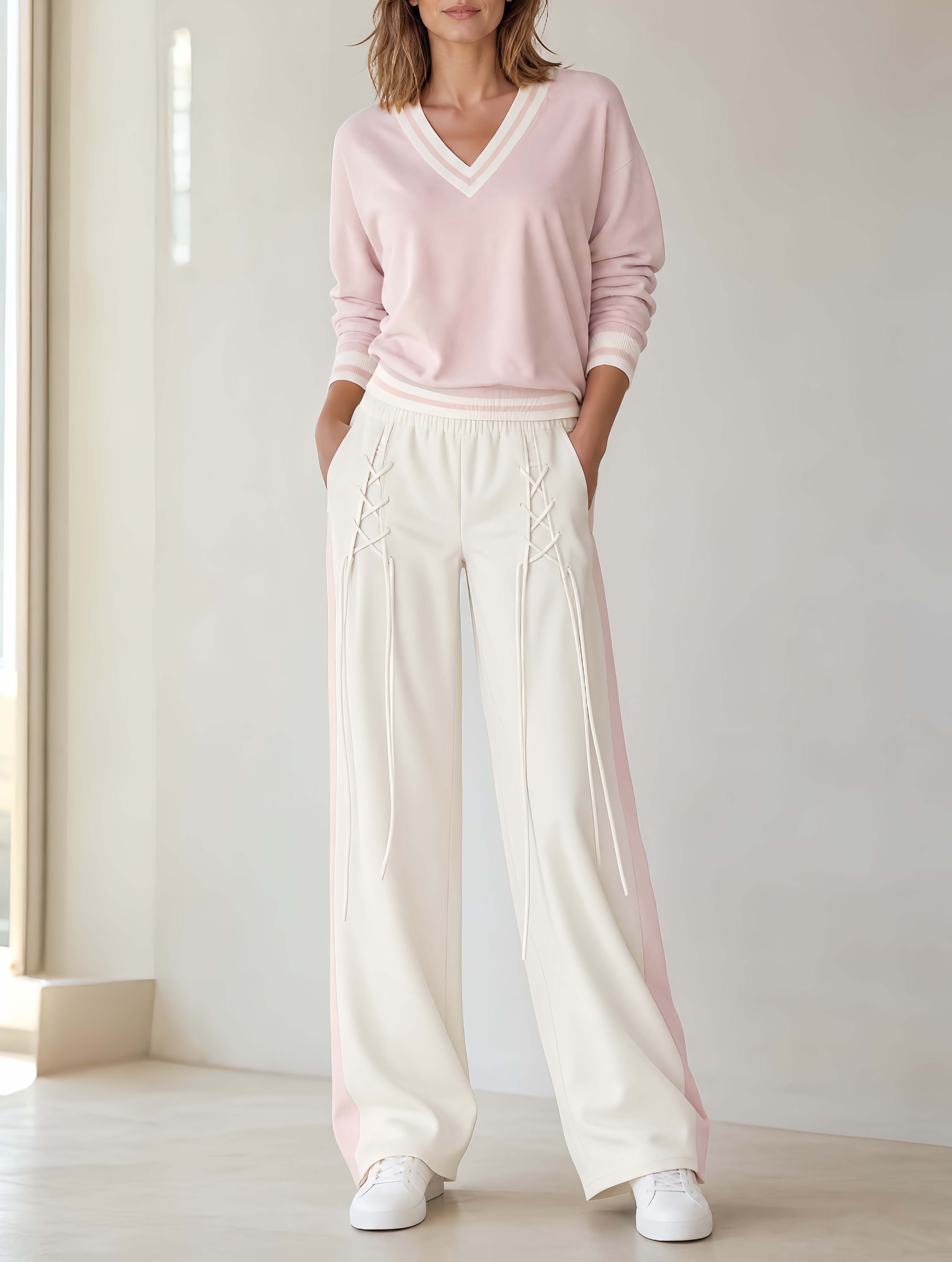 Stylish Casual Pink Color-Block V-Neck Long-Sleeve Top And Lace-Up Trousers Set