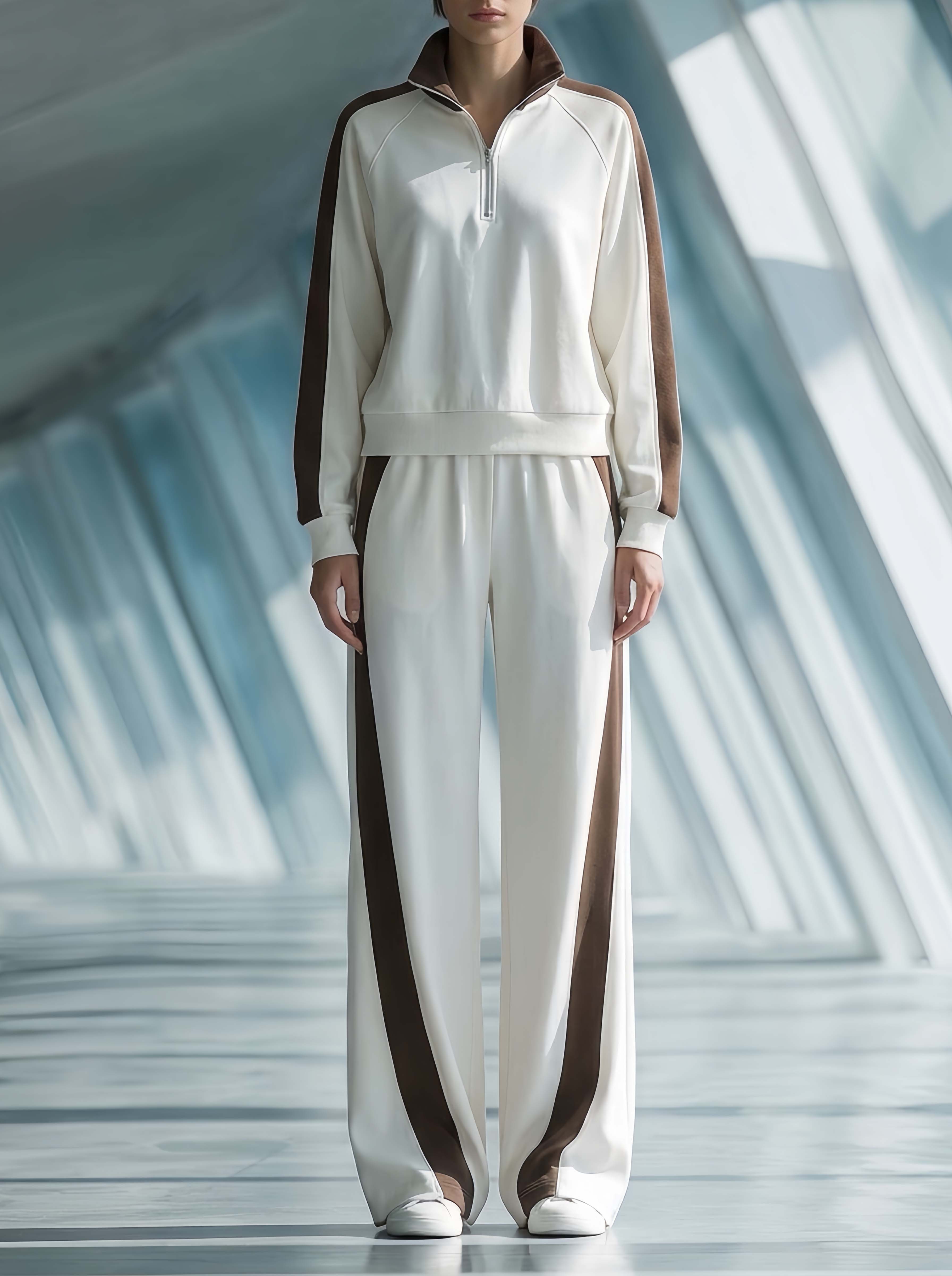 Stylish Casual White And Brown Color-block Long-sleeve Half-zip Top And Trousers Set