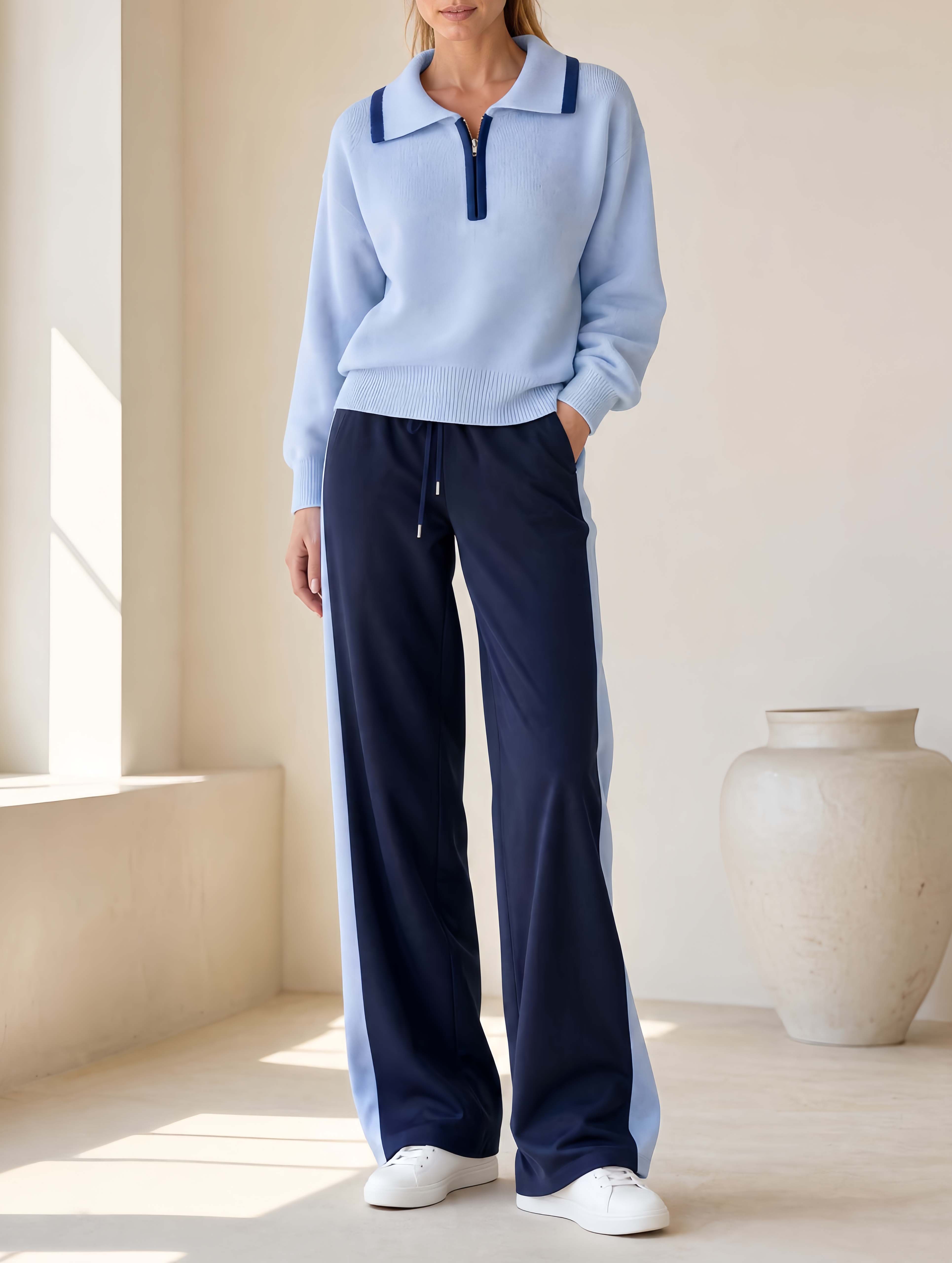 Stylish Blue Color-block Collared Long-sleeve Top And Trousers Set For Workwear