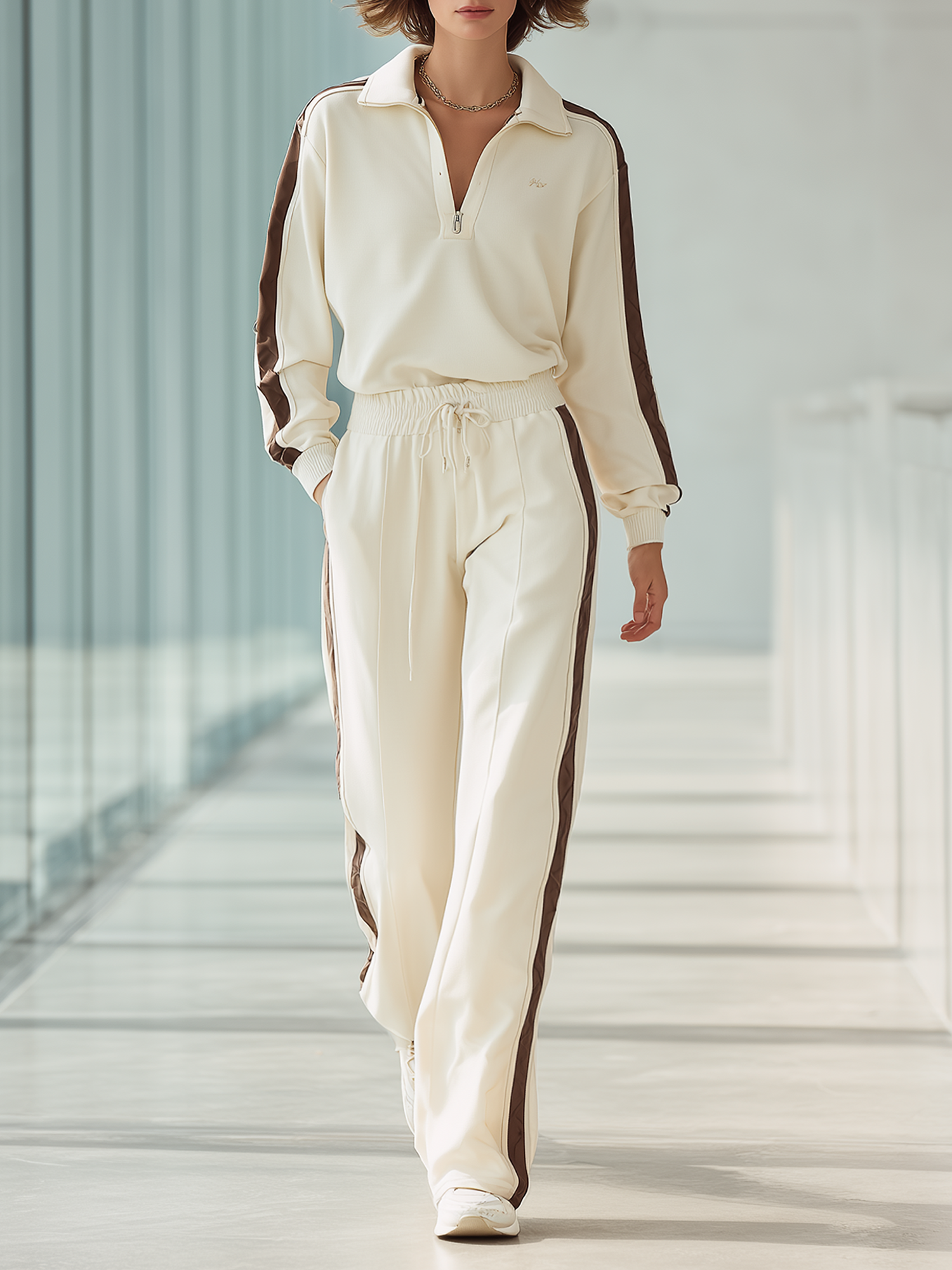 Beige Color-block Striped Half-zip Sweatshirt And Drawstring Wide-leg Pants Set