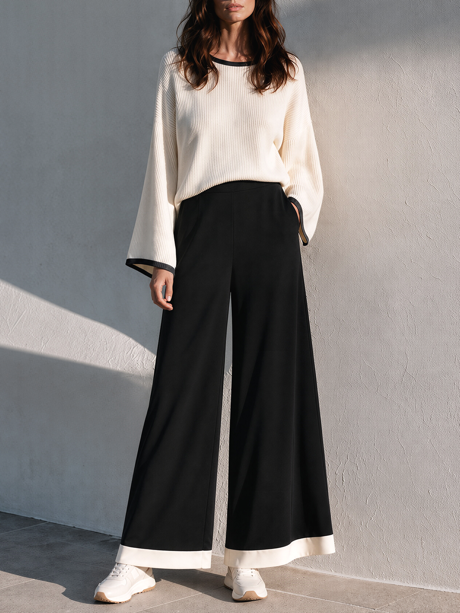 Cream Ribbed Knit Contrast‑Trim Top And Black Wide‑Leg Trousers Set