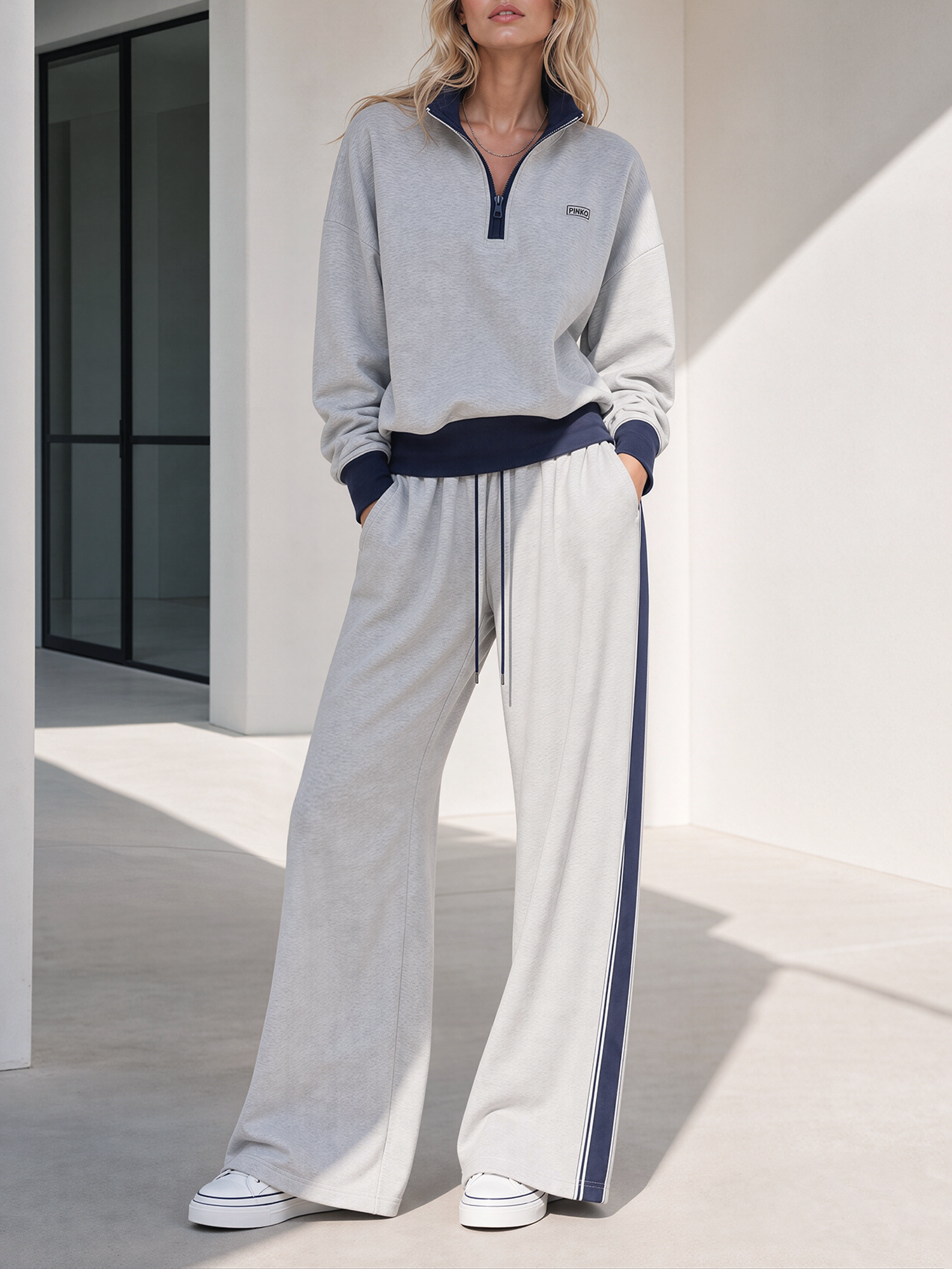 Heather Grey Navy Contrast Half‑Zip Sweatshirt And Side‑Stripe Wide Leg Pants Set