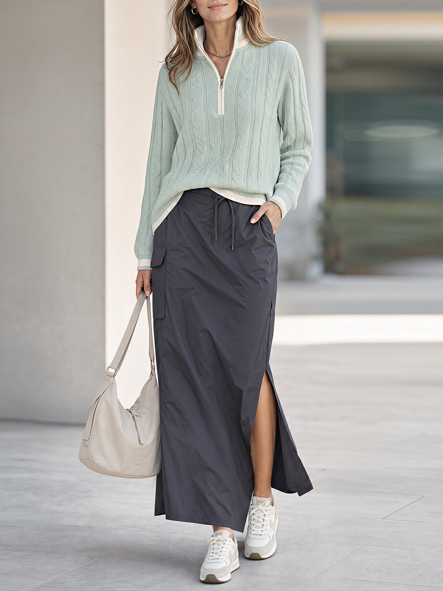 Mint Green Half‑Zip Sweater And Dark Gray Cargo Midi Skirt Set