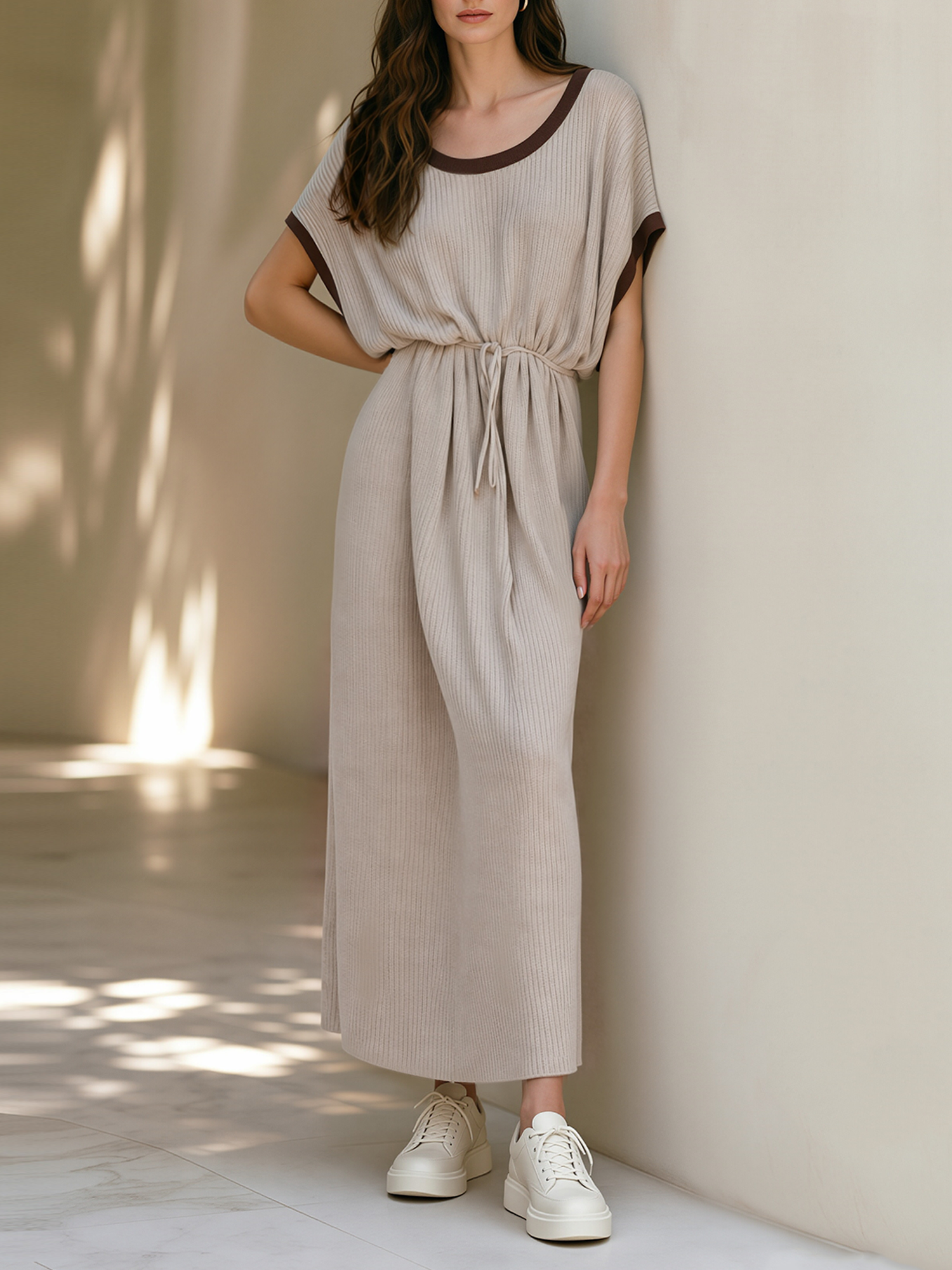 Oatmeal-colored Color-block Loose-fit Long Knit Dress With A Tie-waist