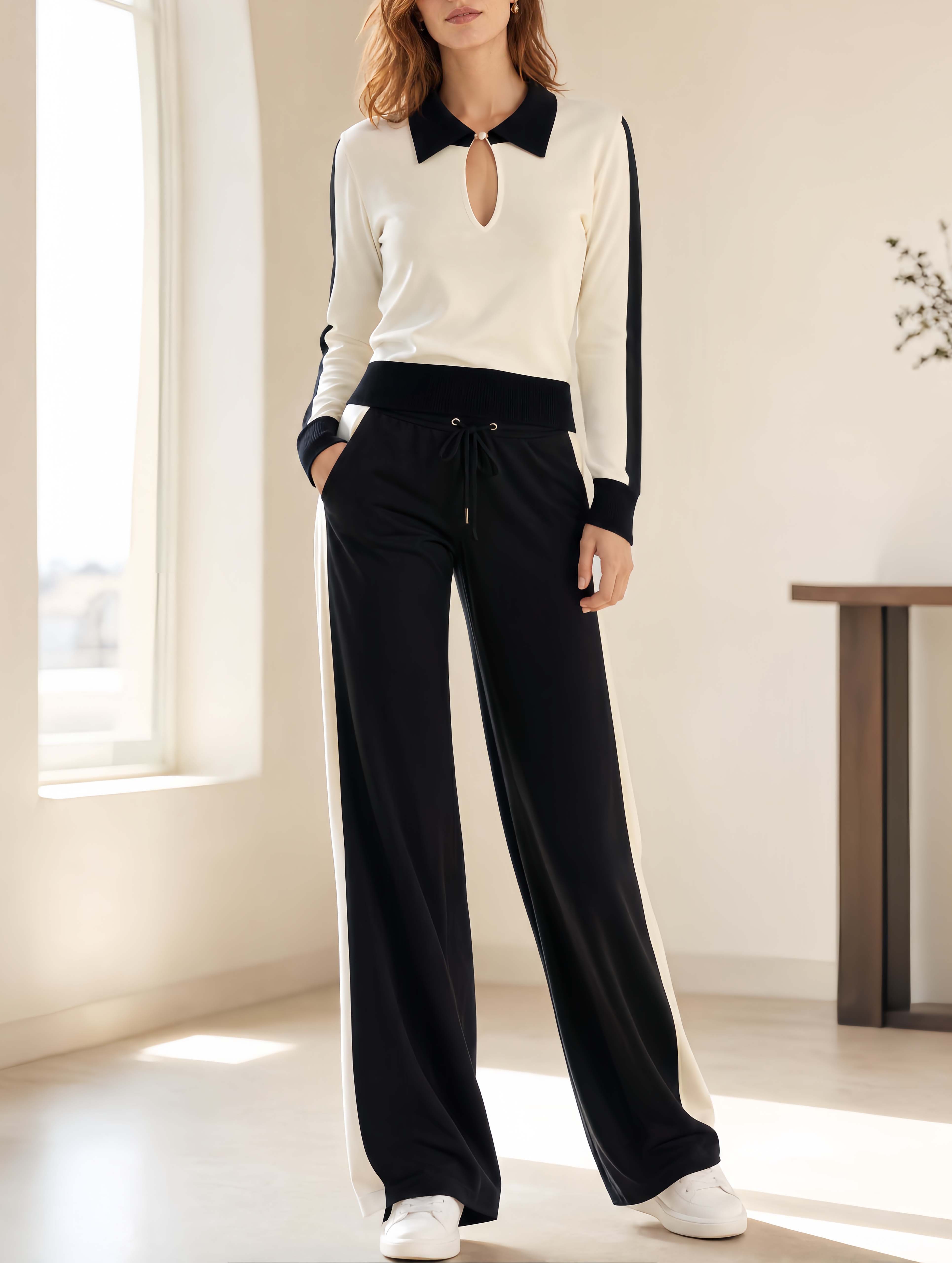 Chic Monochrome Color-block Long-sleeve Cutout Top And Trousers Set For Workwear