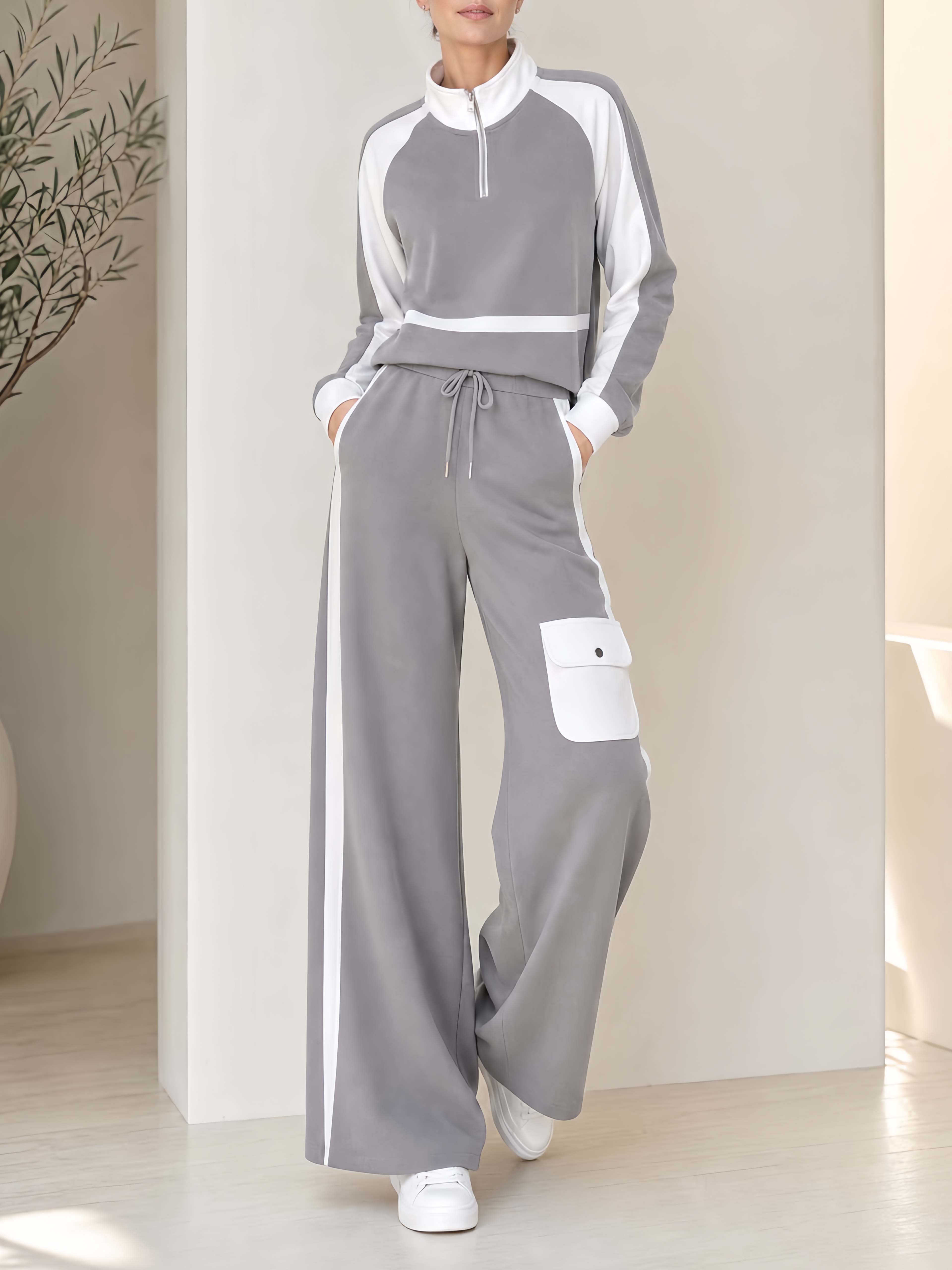 Stylish Sporty Grey And White Color-block Half-zip Top And Trousers Casual Set