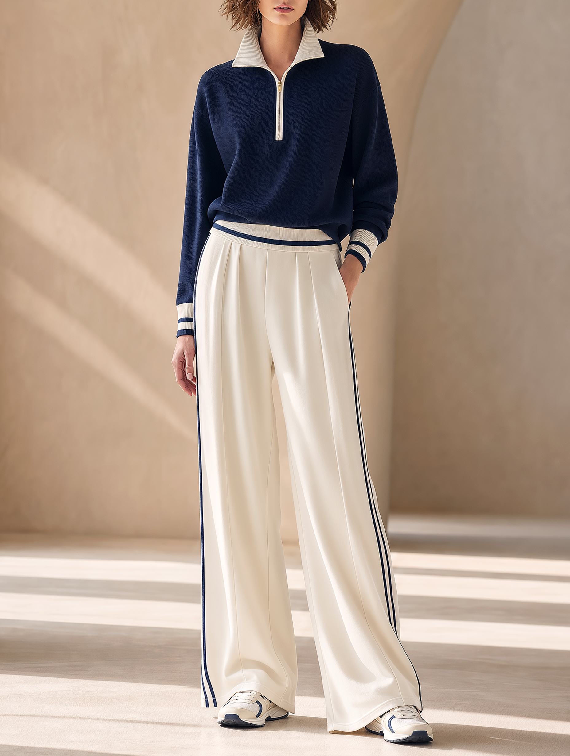 Navy Blue Half-Zip Knit Top And Drapey Wide-Leg Pants Set