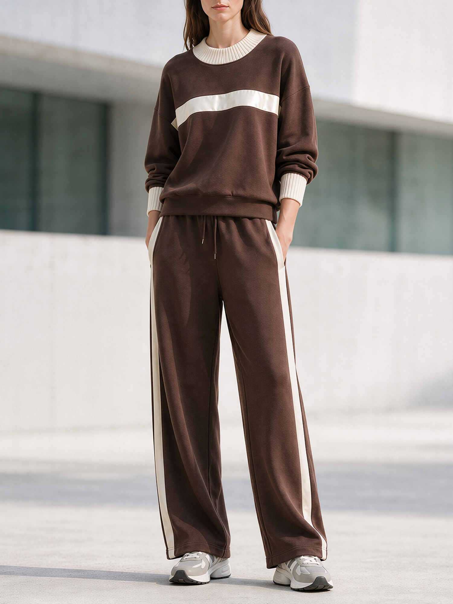 Two-tone Tan And Beige Sweatshirt And Side-stripe Wide-leg Pants Set