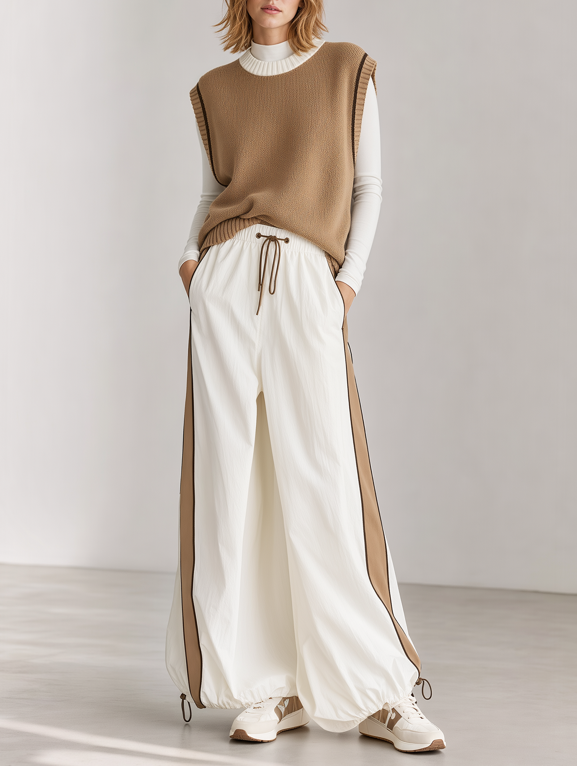 Brown Crew-neck Knit Vest And Drawstring Cuffed-hem Pants Set
