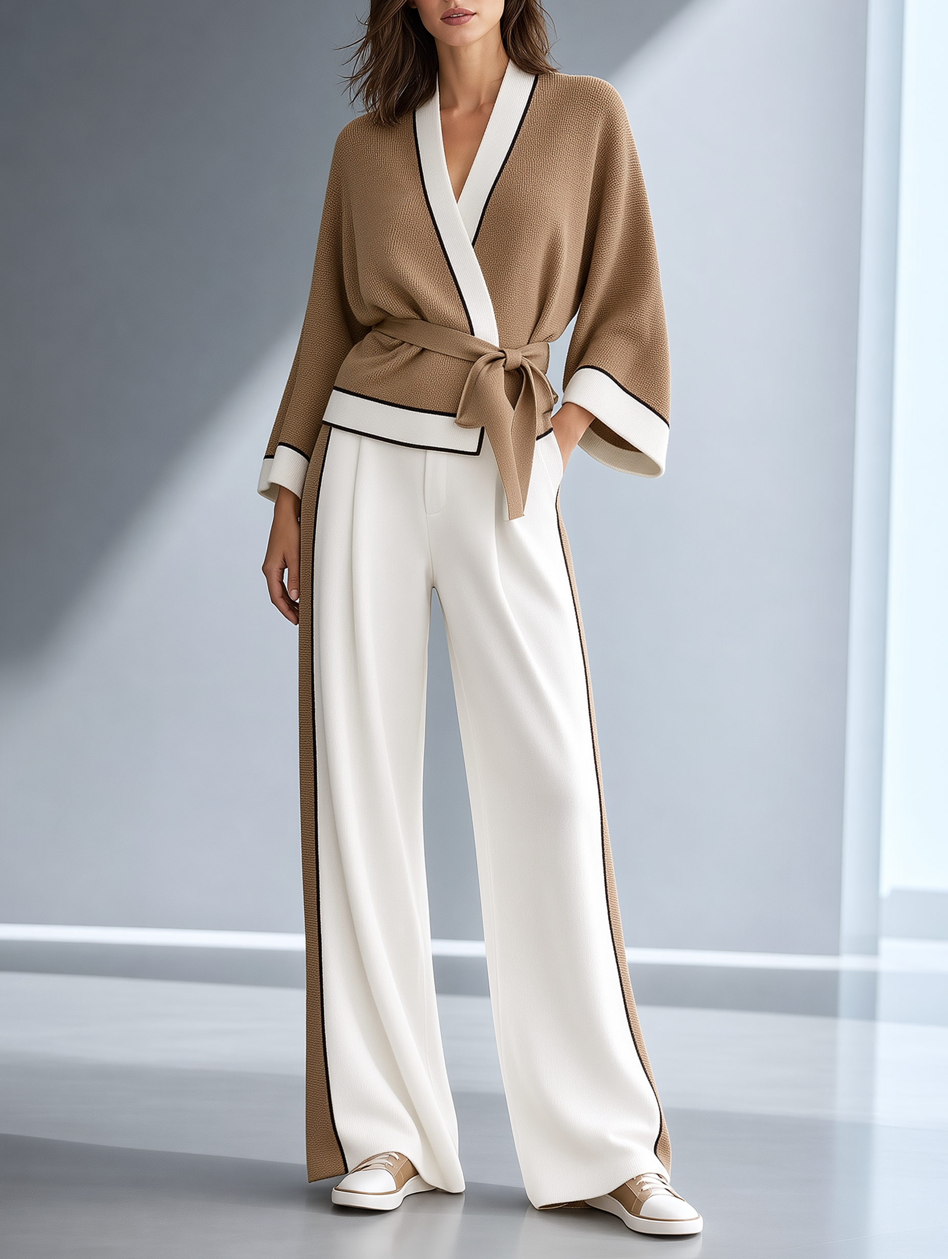 Brown Lace-up Knit Cardigan And White Wide-leg Trousers Set