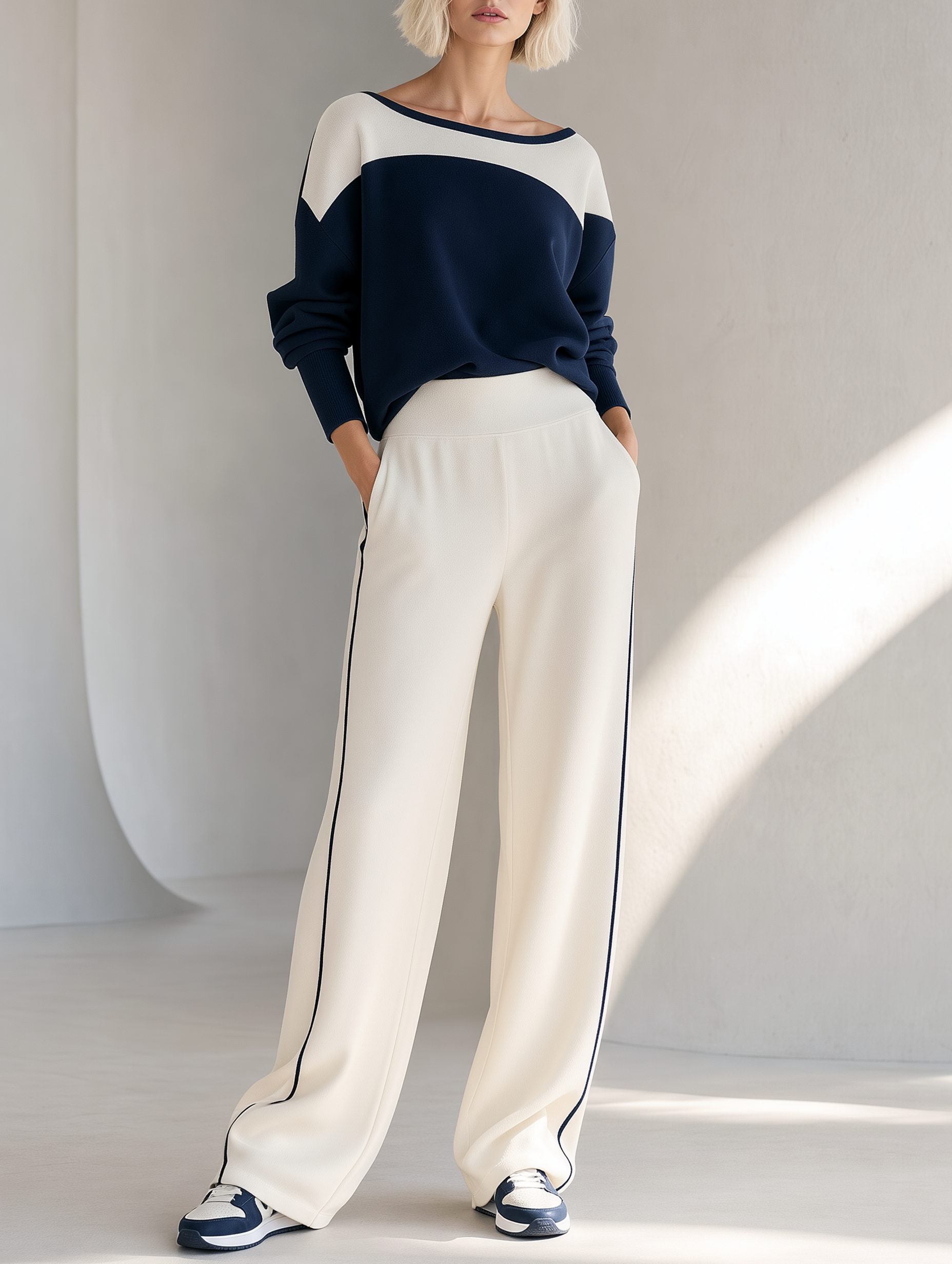 Navy And White Color-block Off-the-shoulder Top And Wide-leg Trousers Set