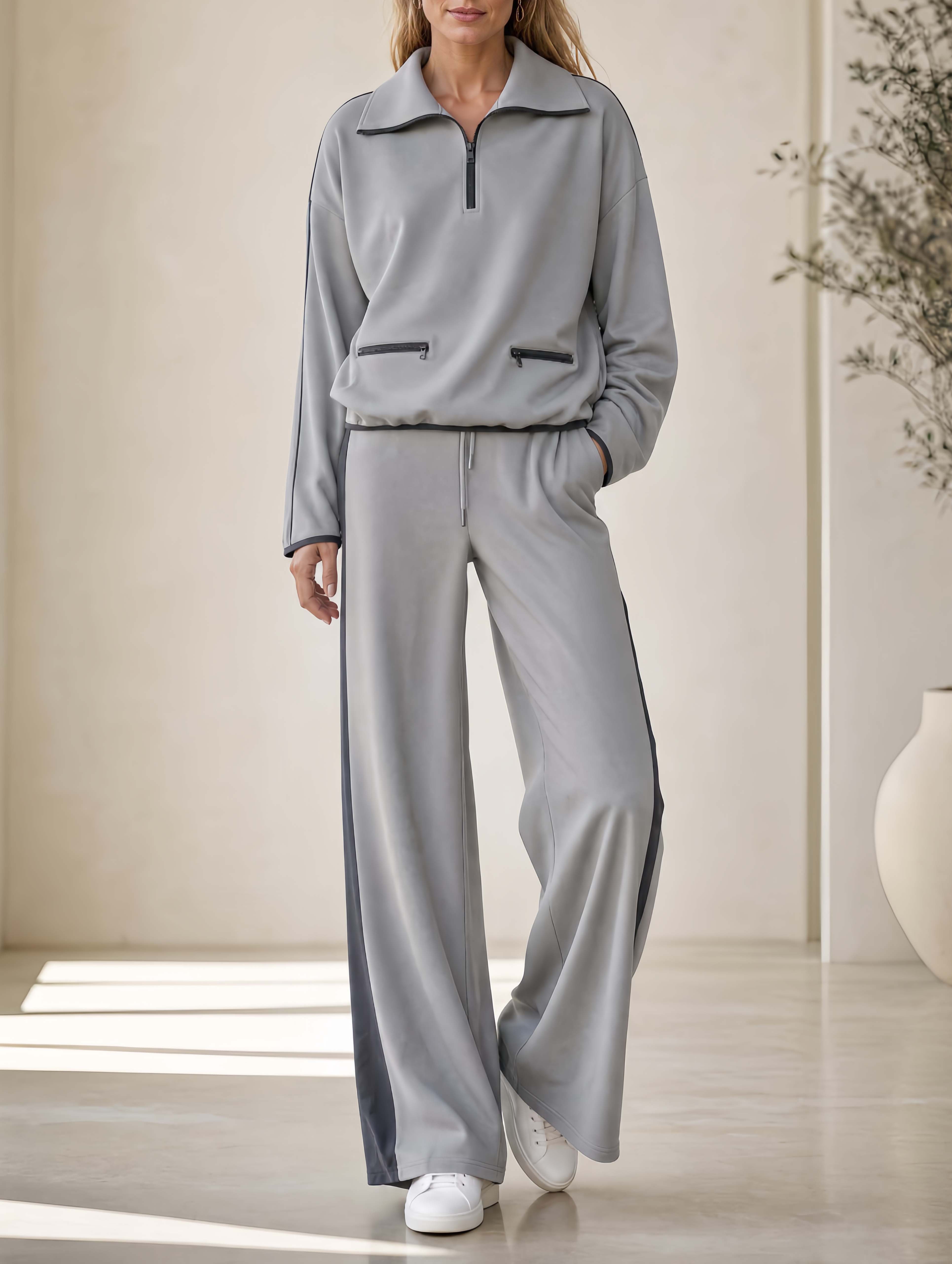 Grey Collared Long-Sleeve Top And Pants Casual Set – Sporty-Chic Style