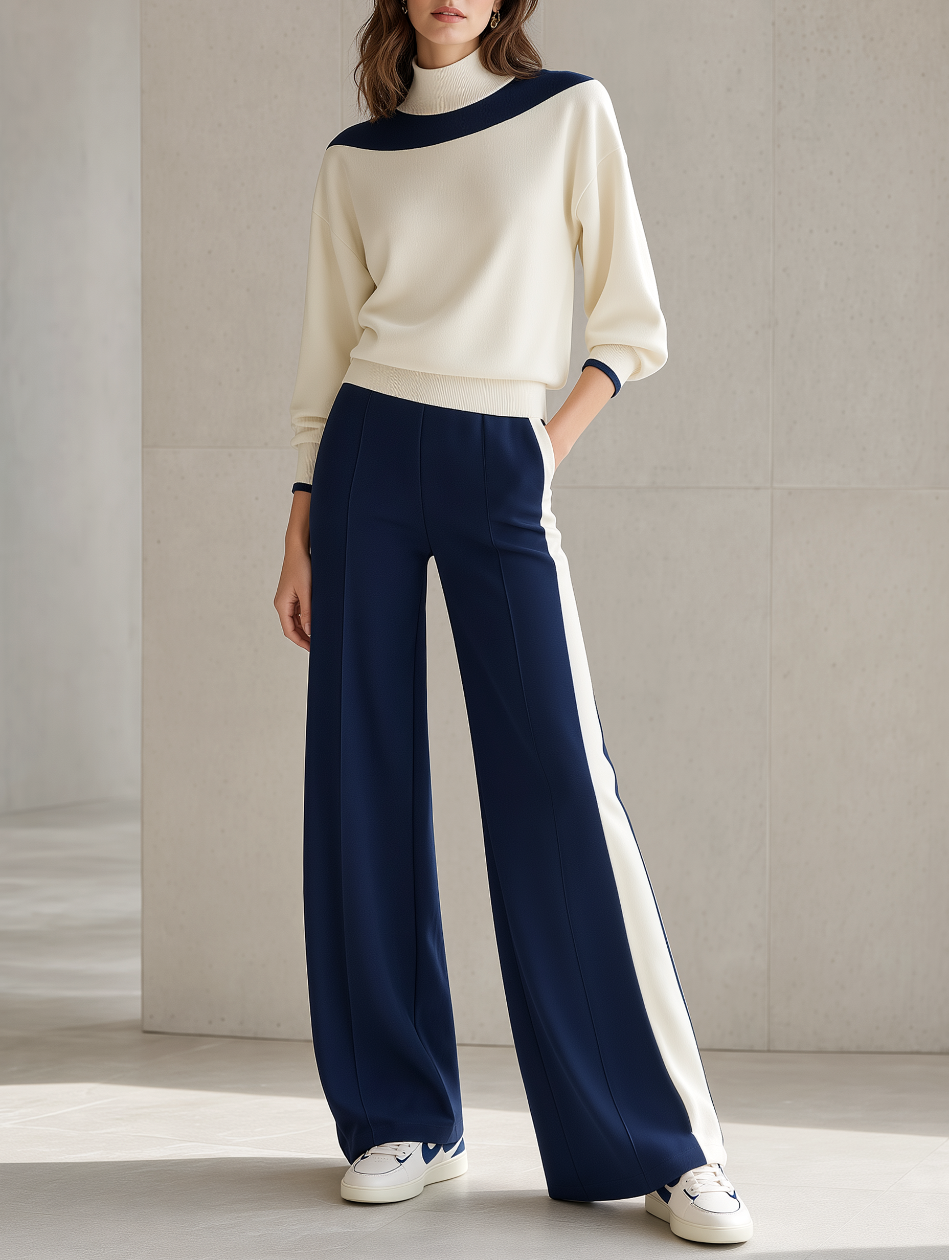 Cream-colored Soft Knit Sweater And Drapey Casual Trousers Set