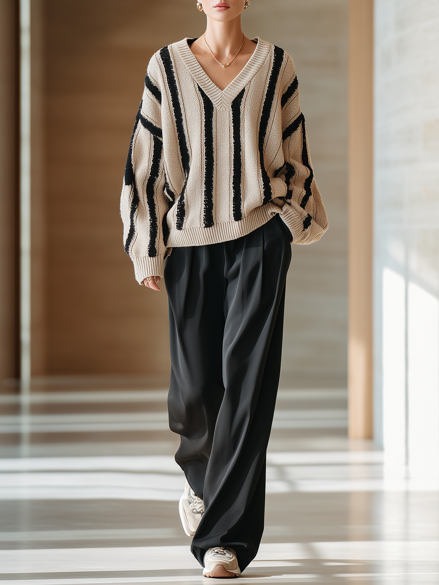 Oatmeal V-neck Sweater With Black Stripes And Wide-leg Trousers Set