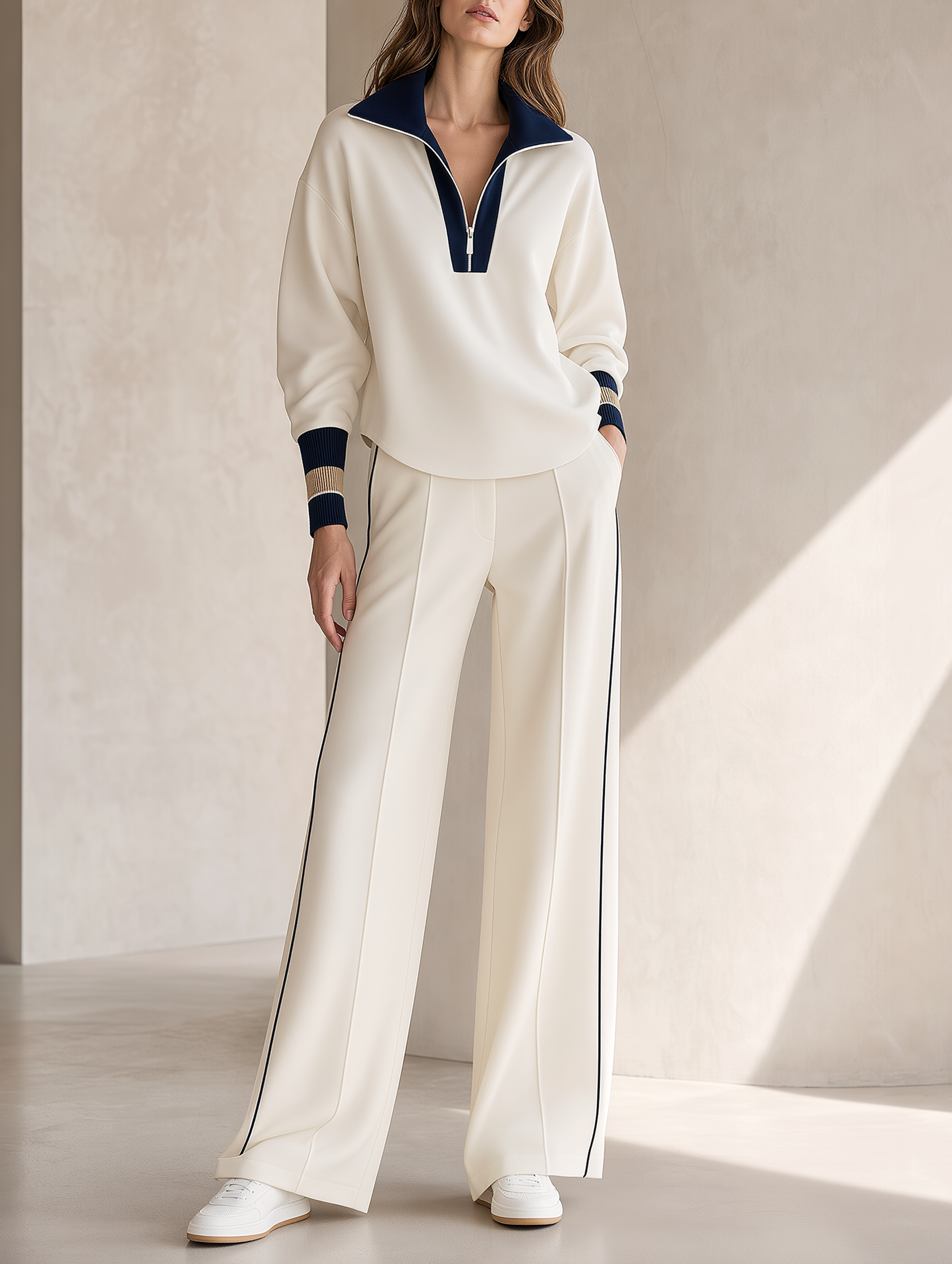 Off-white Half-zip Top And Wide-leg Trousers Set With A Draped Silhouette