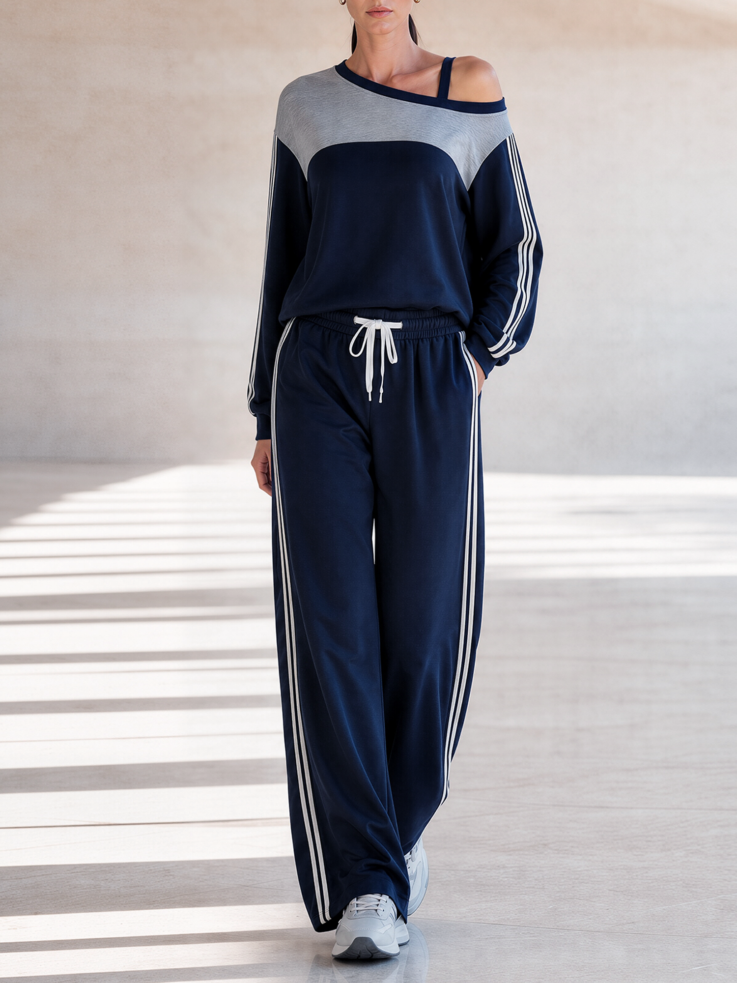 Navy Grey Color‑Block Off‑Shoulder Top And Side Stripe Wide‑Leg Pants Set