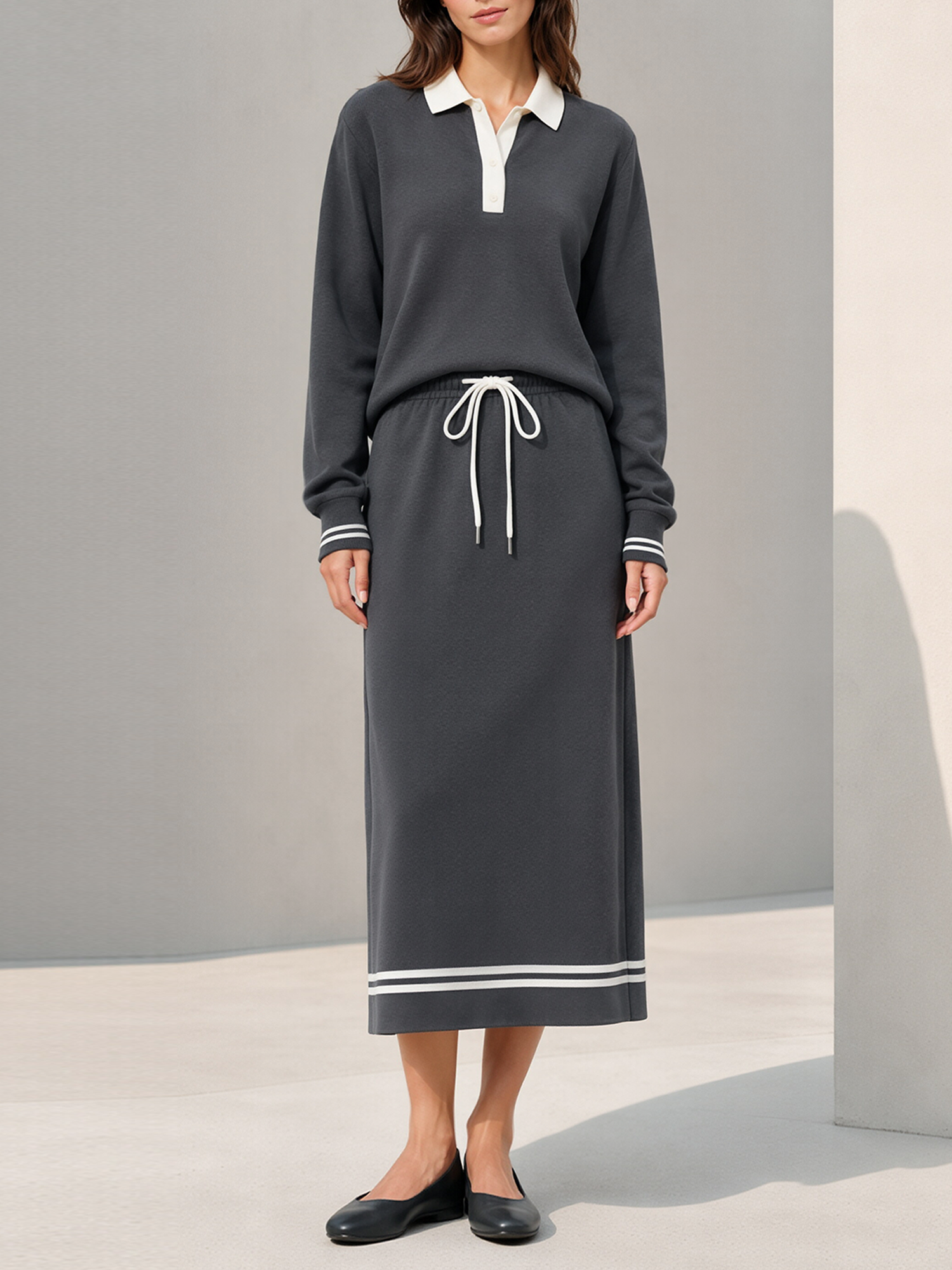 Dark Grey Contrast Polo Top And Striped Hem Midi Skirt Set