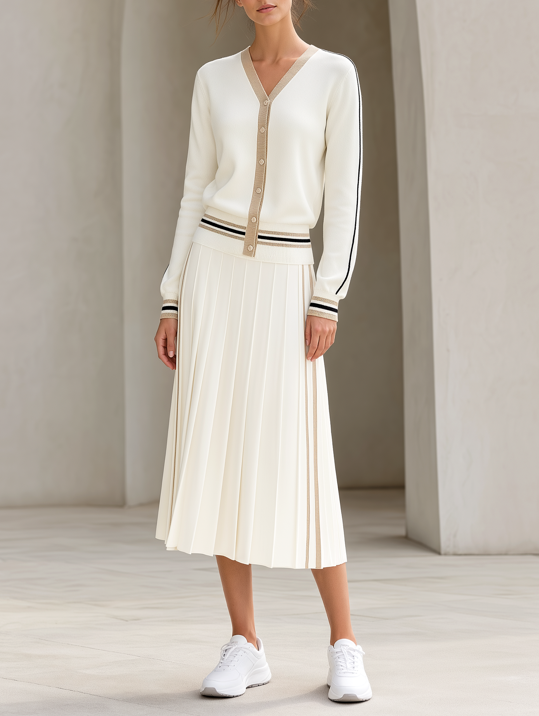 Striped Trim Knit Cardigan & Pleated Midi Knit Skirt Set