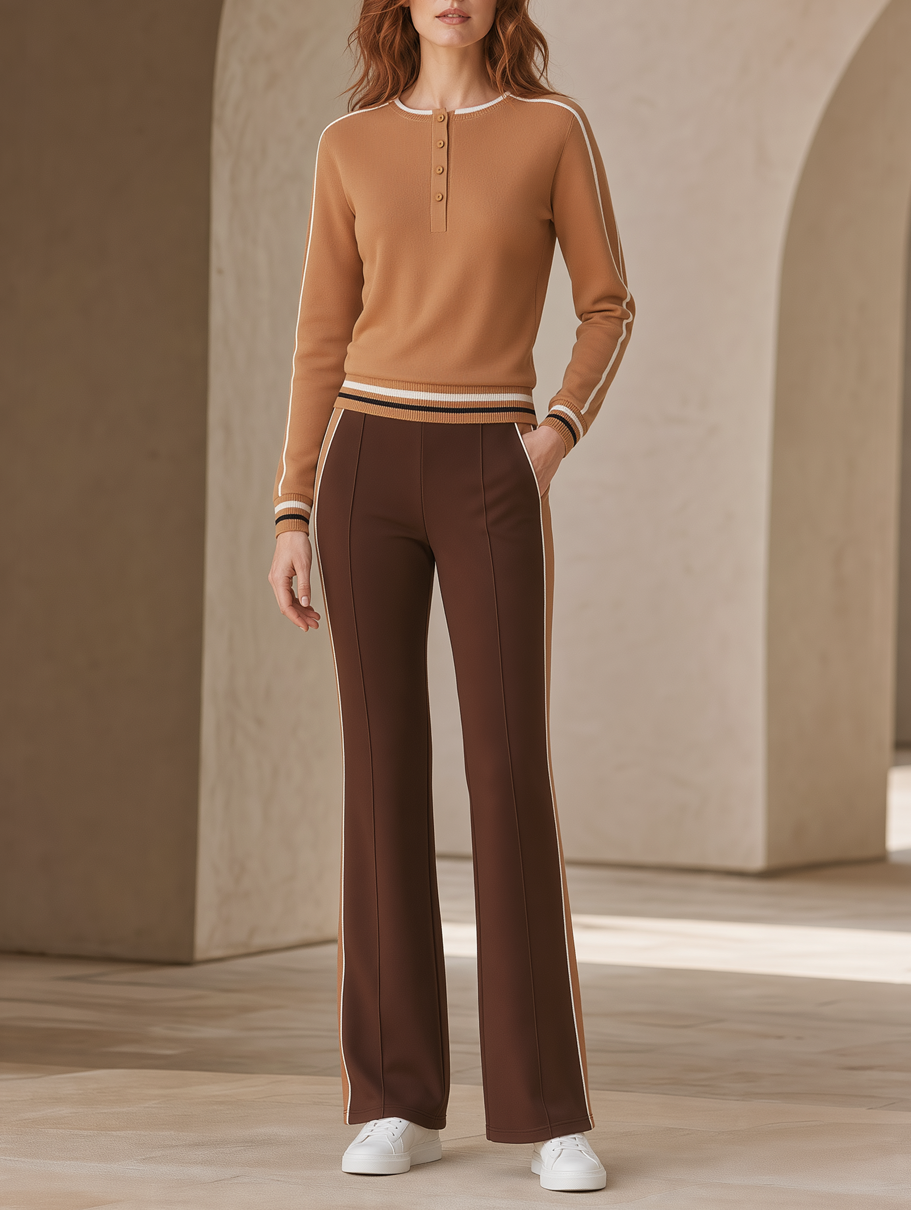Caramel-colored Sweatshirt And Striped Flared Trousers Two-piece Set