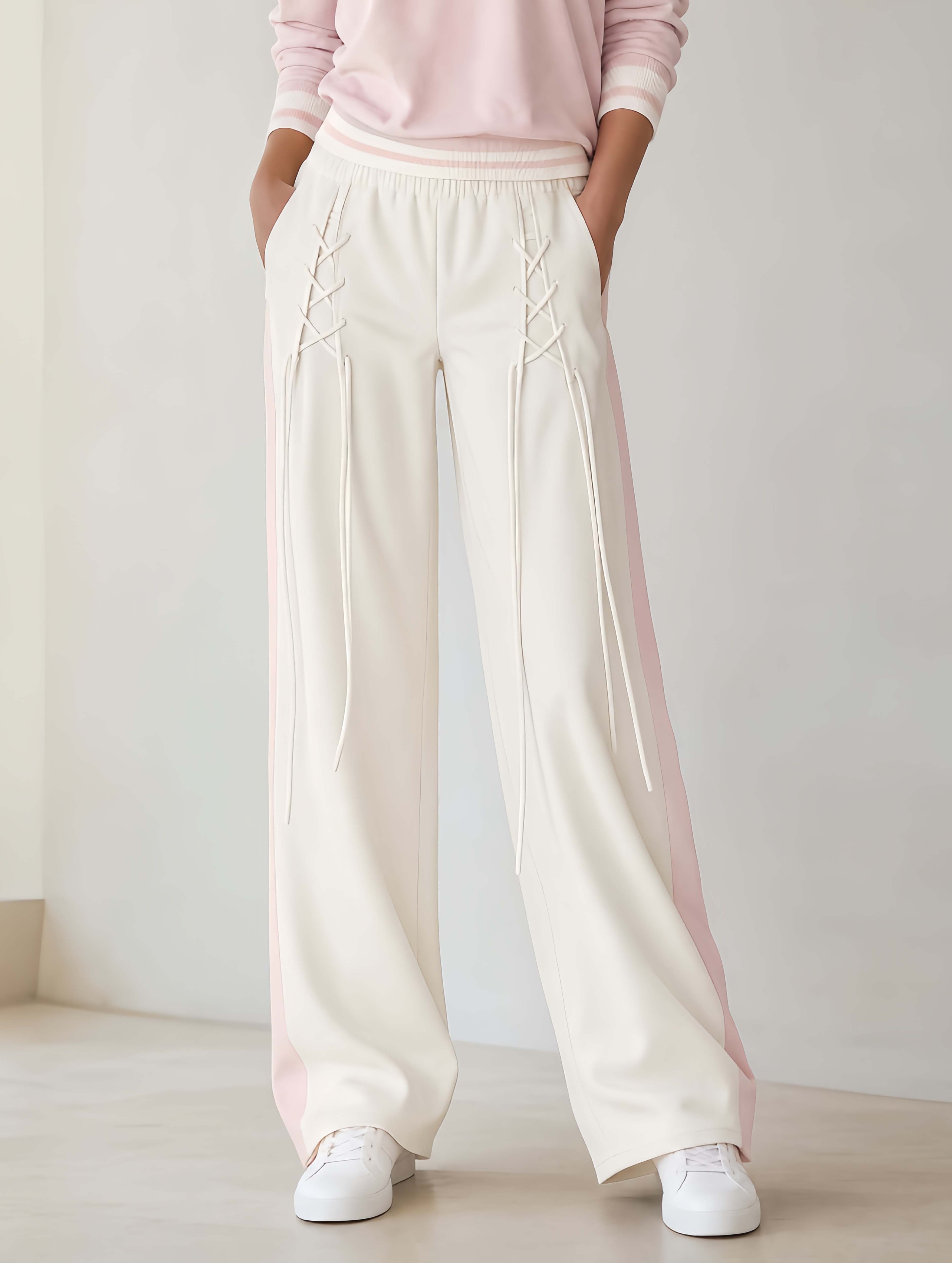 Stylish White Color-block Trousers With Lace-up Detailing—perfect For Commuting