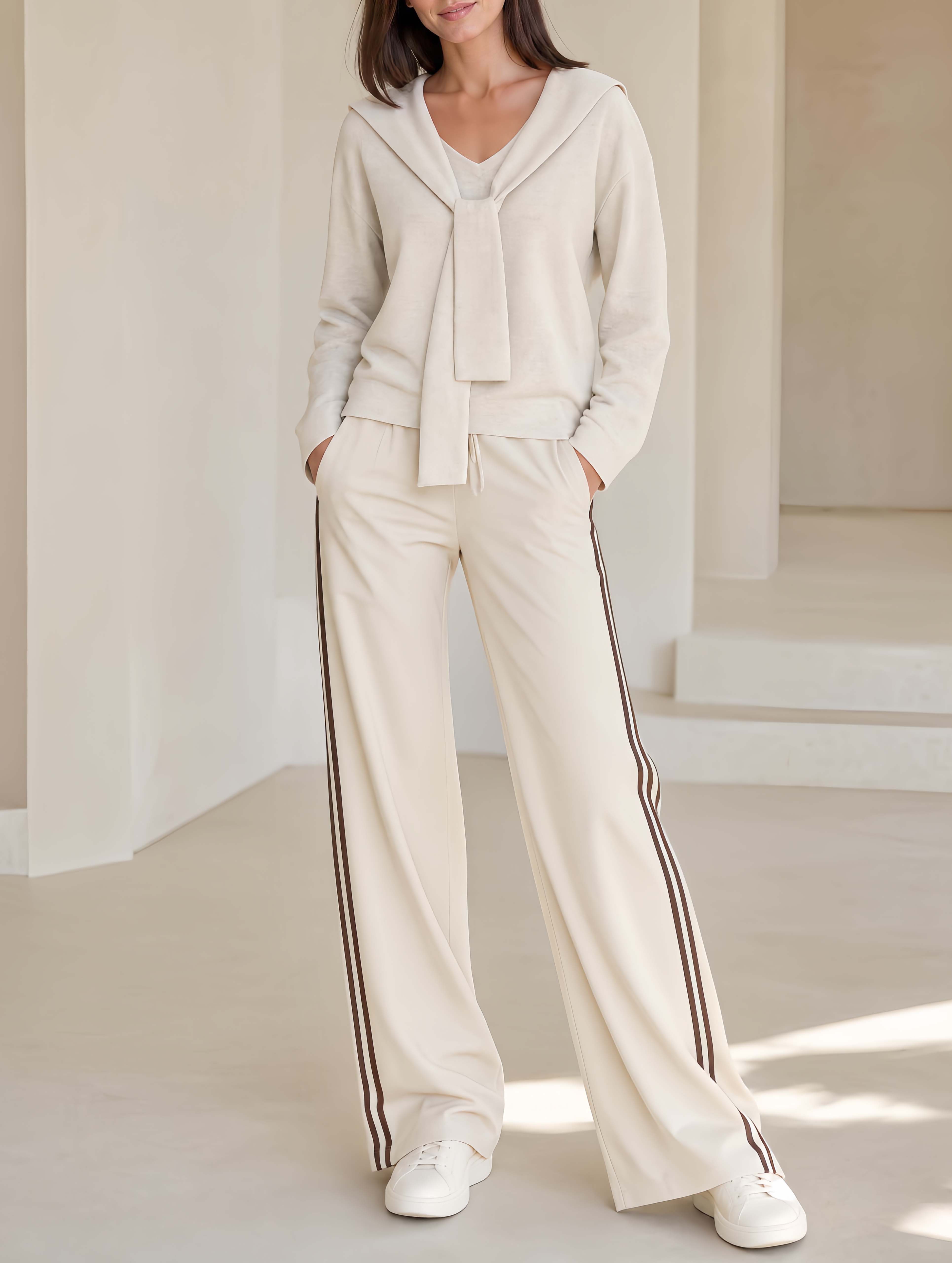 Chic Oatmeal V-Neck Long-Sleeve Top And Trouser Set For Work And Leisure