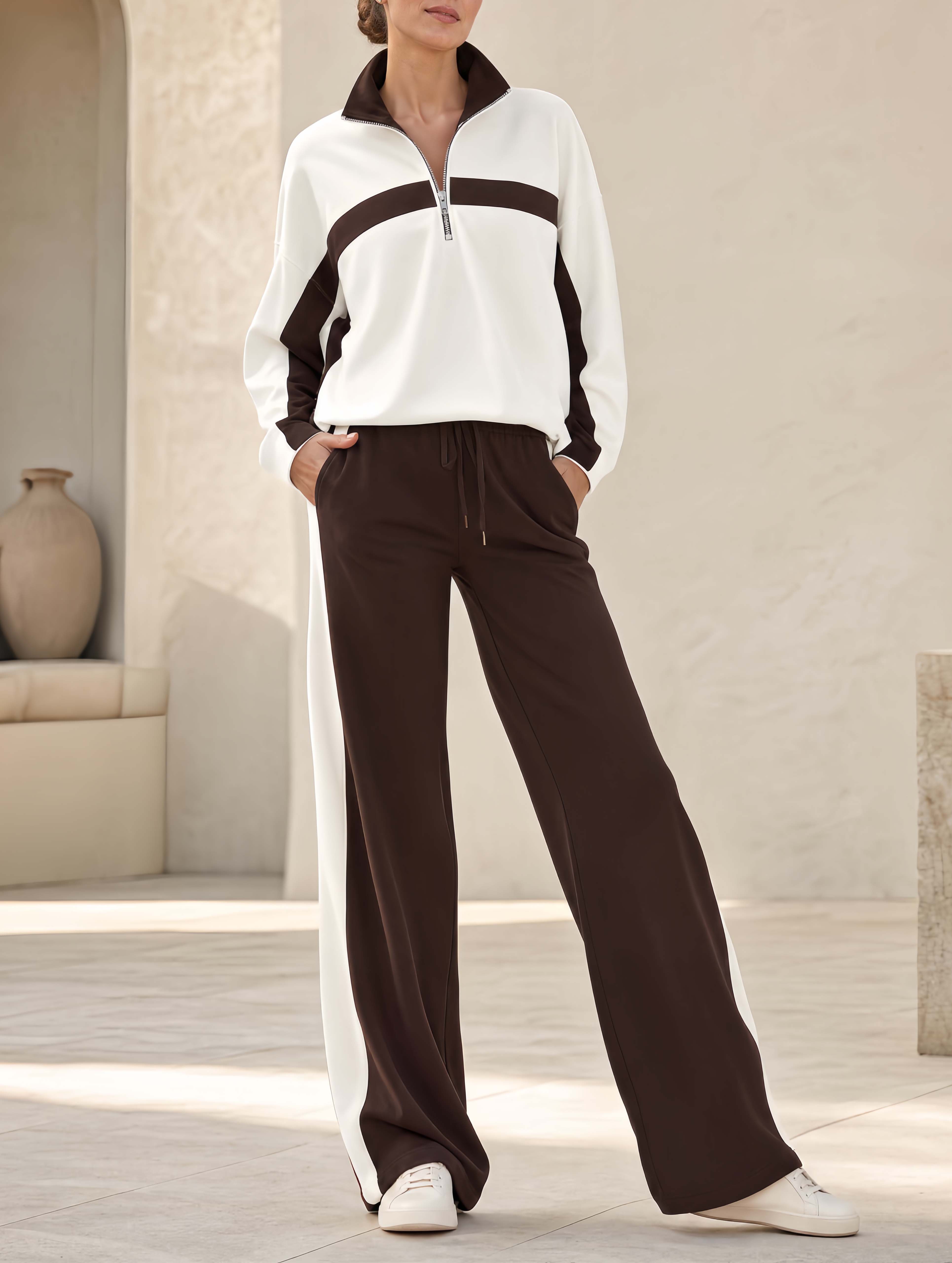 Stylish Sporty White And Brown Color-block Half-zip Top And Trousers Casual Set
