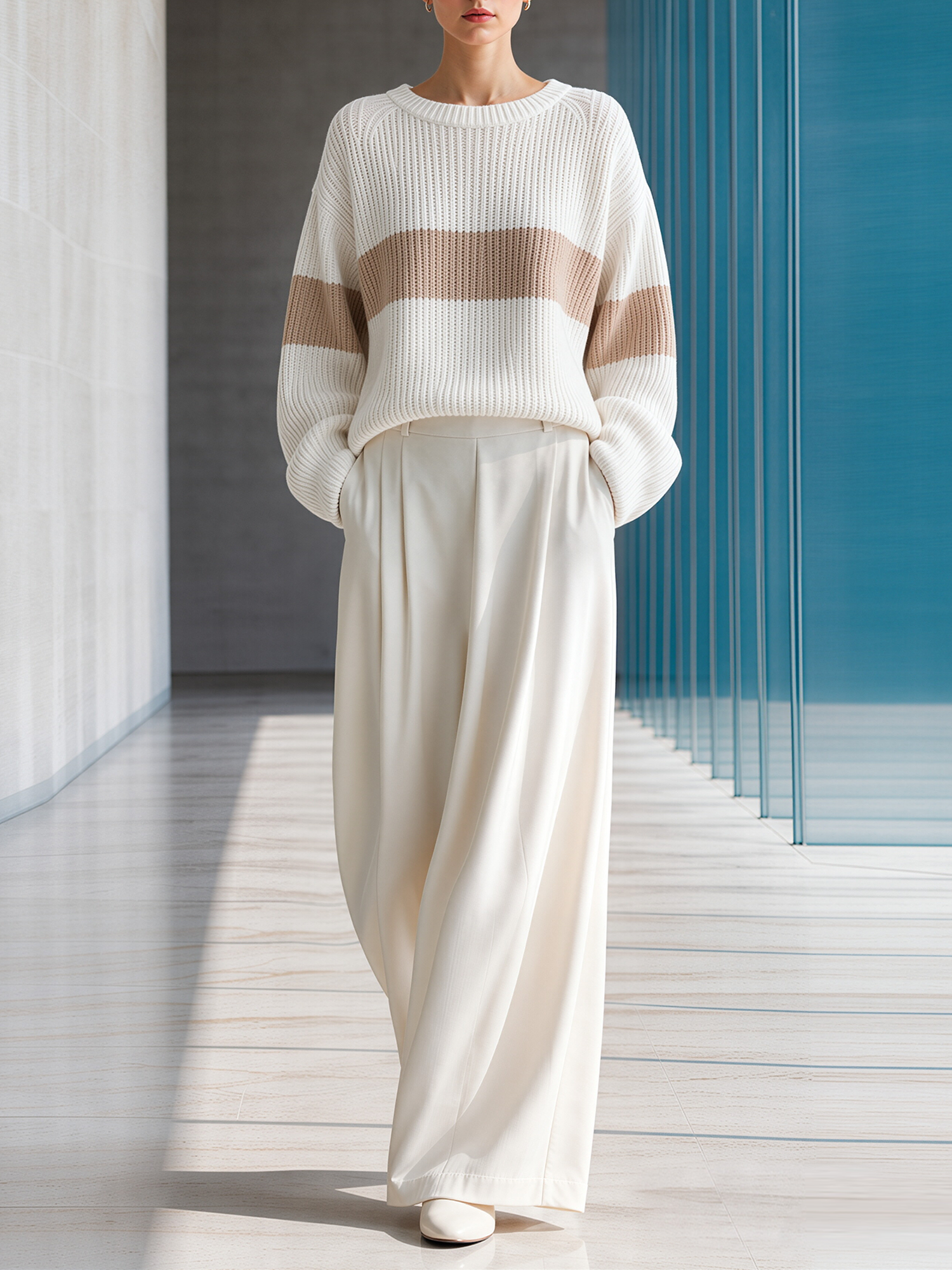 Loose-fitting Color-block White Sweater Paired With Wide-leg Trousers