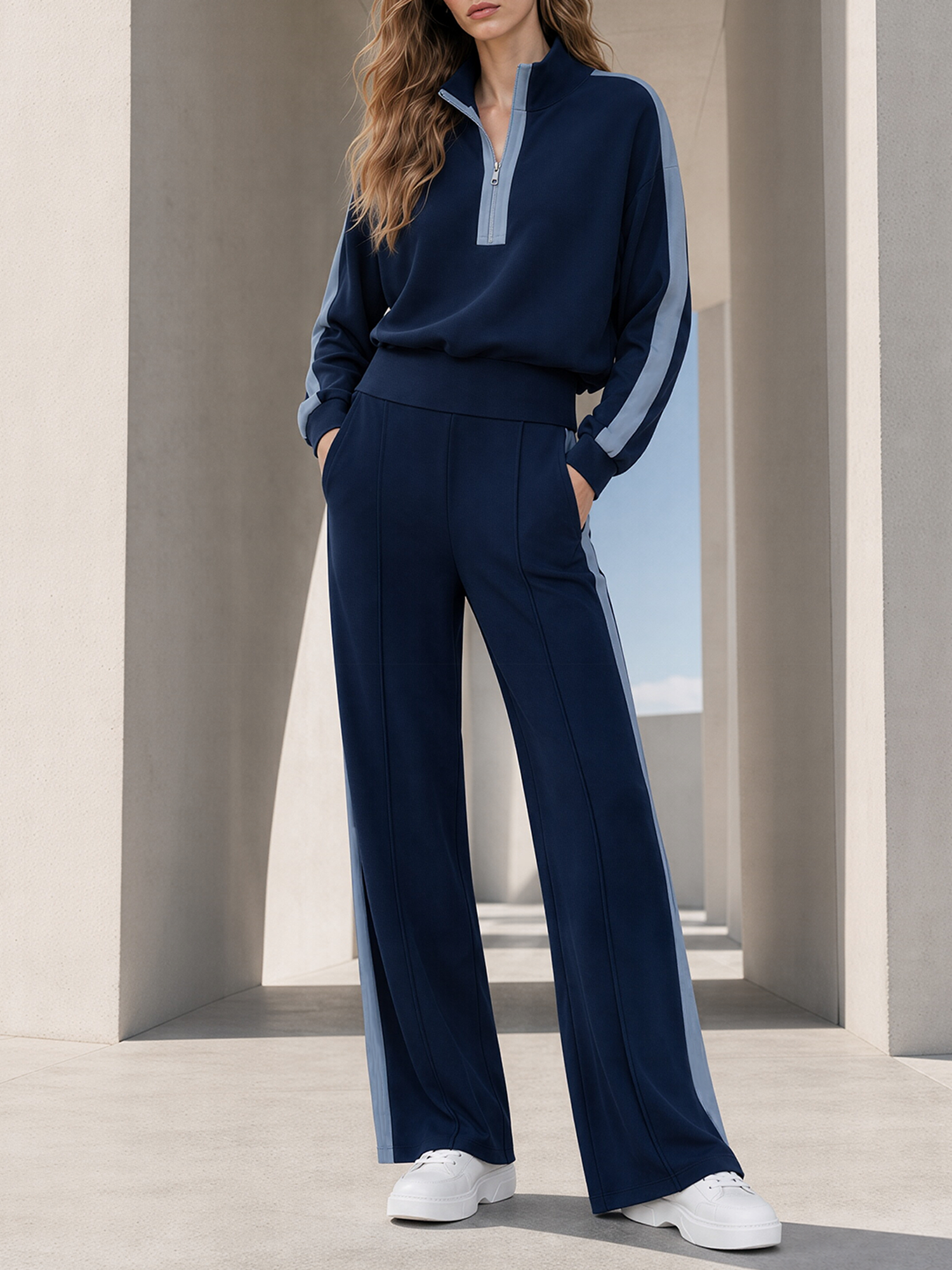 Navy Light Blue Color‑Block Half‑Zip Sweatshirt Wide‑Leg Pants Set