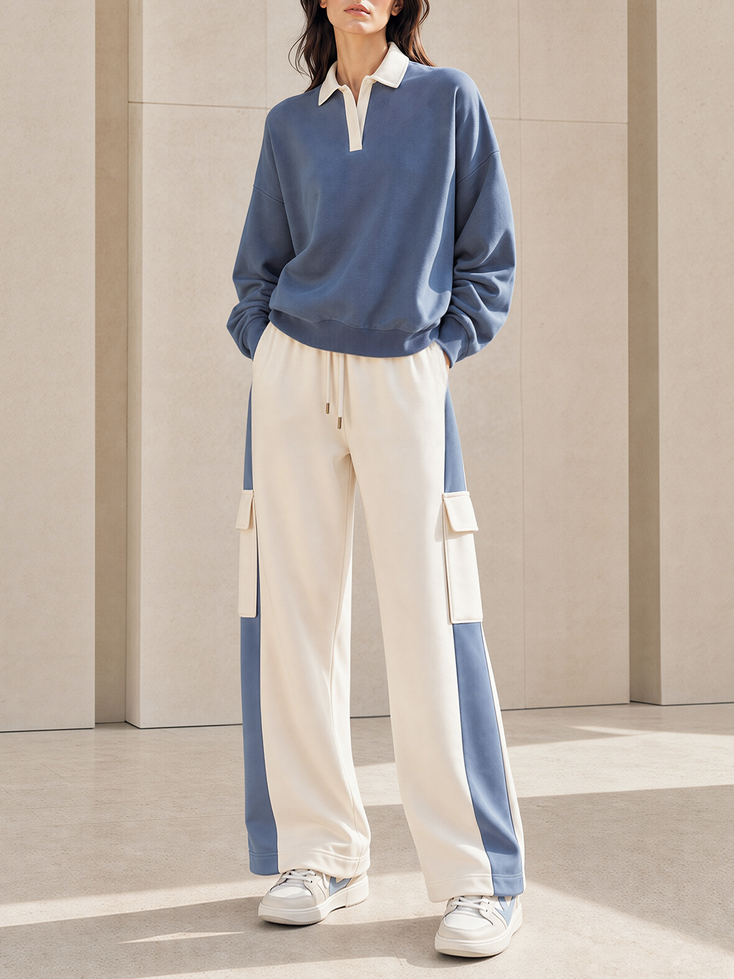 Blue And White Color-block Polo-collar Sweatshirt And Wide-leg Cargo Pants Set